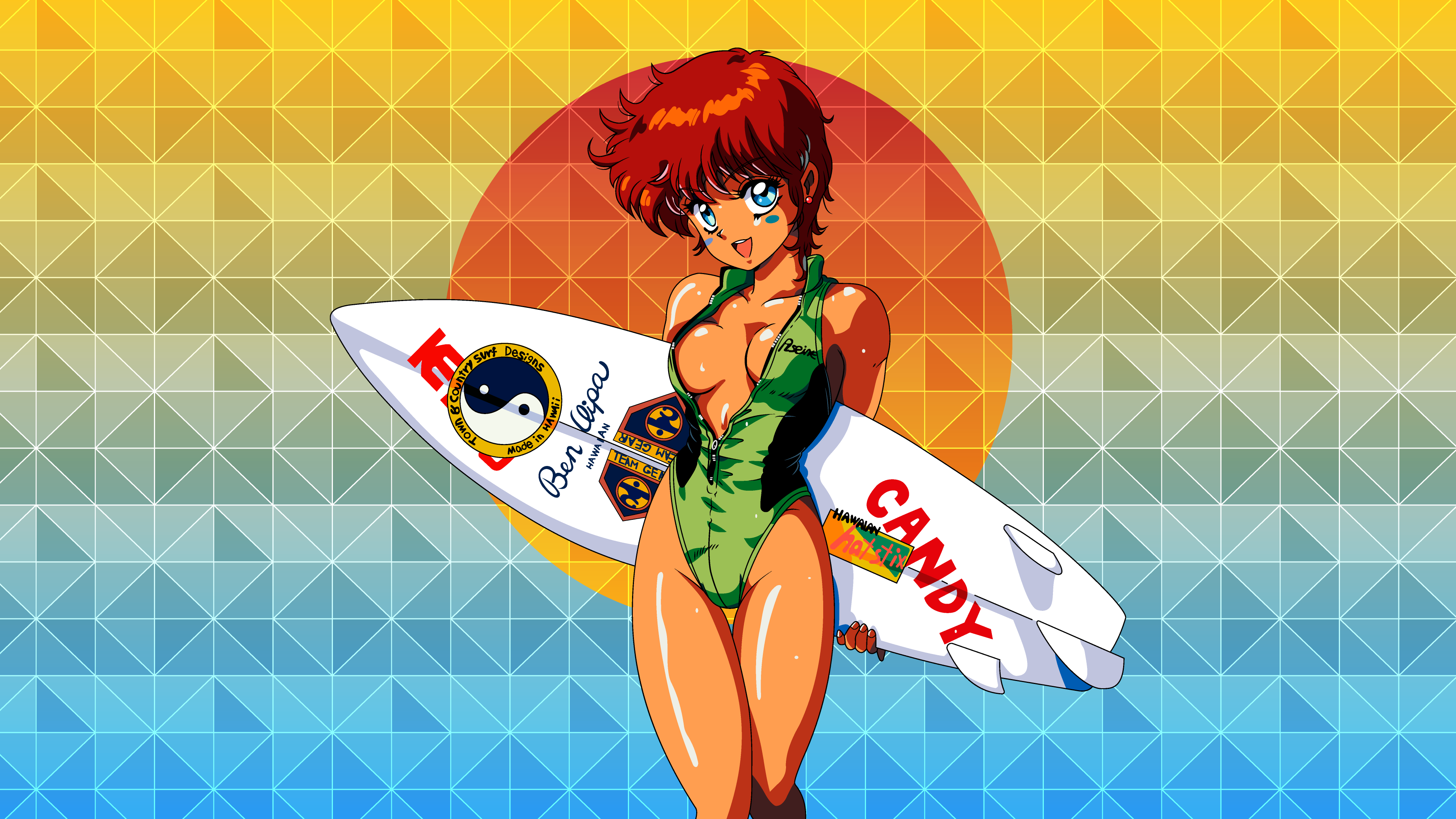 Anime 3840x2160 redhead green swimsuit one-piece swimsuit surfboards cleavage zipper down tanned gradient geometric figures vector vector trace thighs thighs together looking at viewer earring 4K arm(s) behind back Yin and Yang unzipped anime girls open mouth big boobs standing