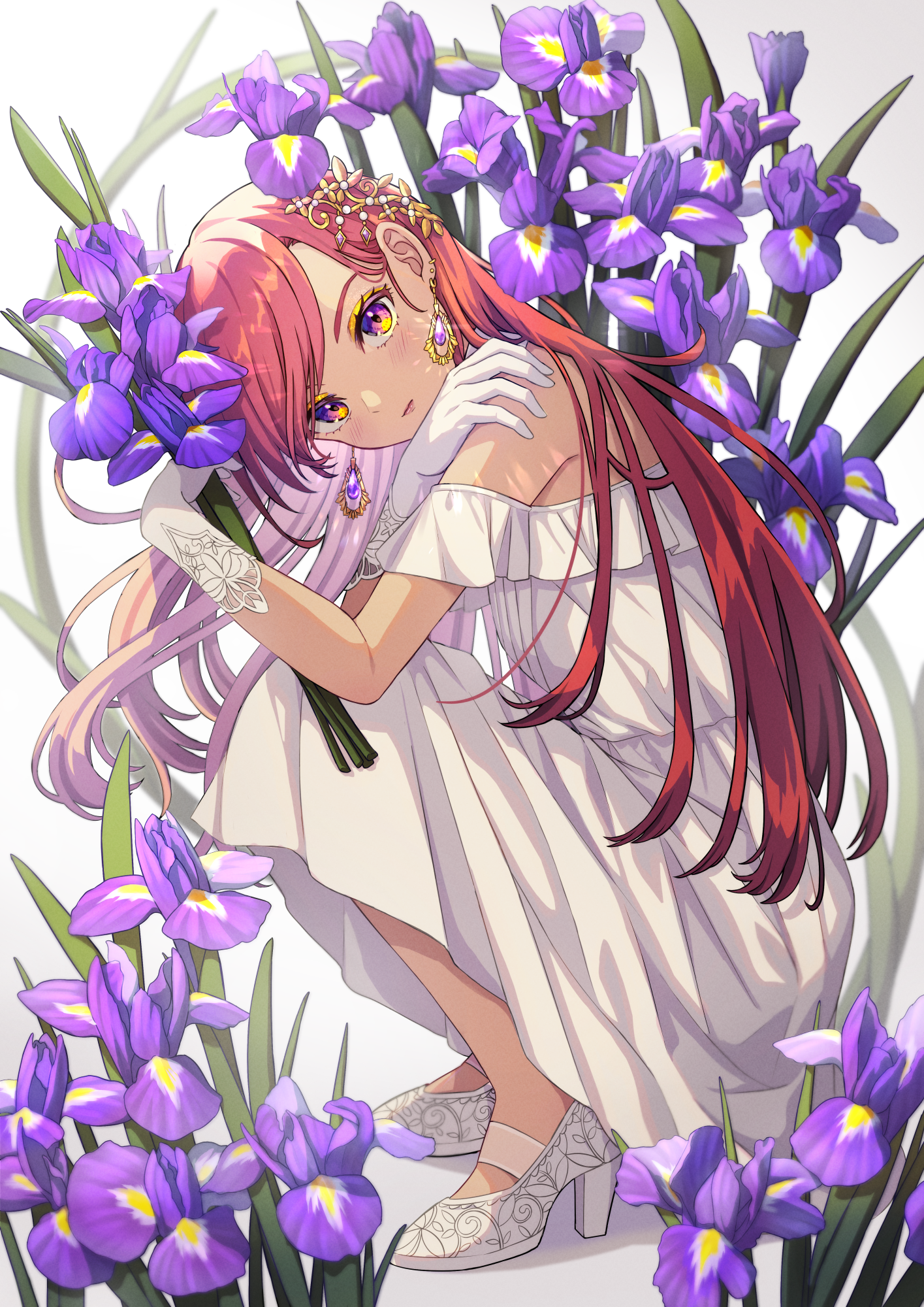 Anime 1415x2000 portrait display squatting looking at viewer flowers multi-colored eyes dress white dress long earrings white gloves white heels wedding dress bouquets purple flowers redhead hair ornament gloves piroshiki123 long hair closed mouth blushing