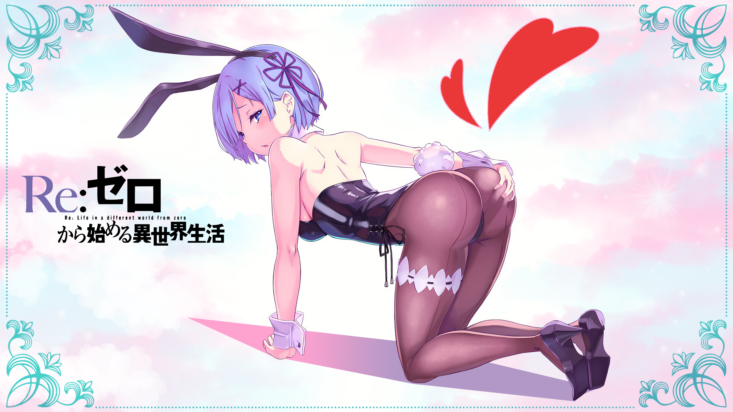 Anime 2560x1440 anime anime girls Re:Zero Kara Hajimeru Isekai Seikatsu Rem (Re:Zero) blue hair ass looking at viewer black stockings bunny ears blushing