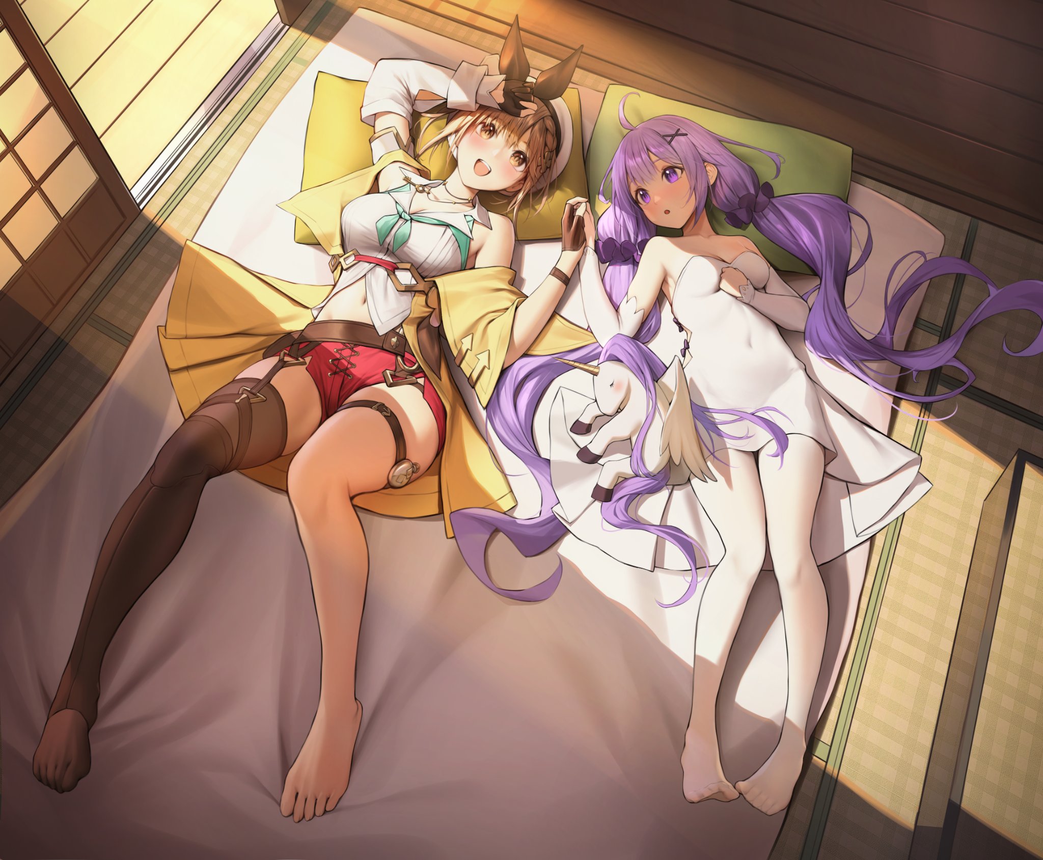 Anime 2048x1689 anime anime girls Atelier Ryza lying on back bed holding hands top view two women Unicorn (Azur Lane) Reisalin Stout