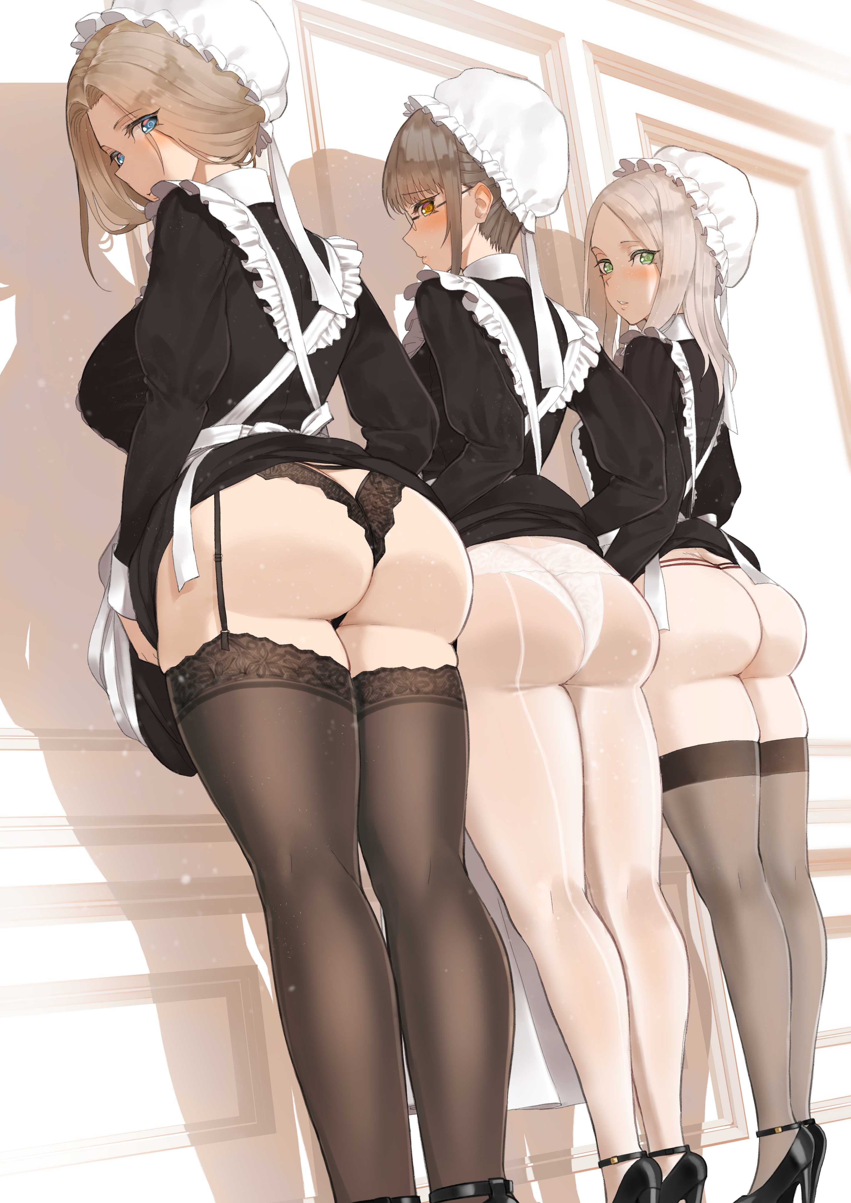 Anime 2894x4093 anime anime girls Throtem portrait display ass maid maid outfit stockings garter belt glasses heels group of asses line-up group of women looking back women trio