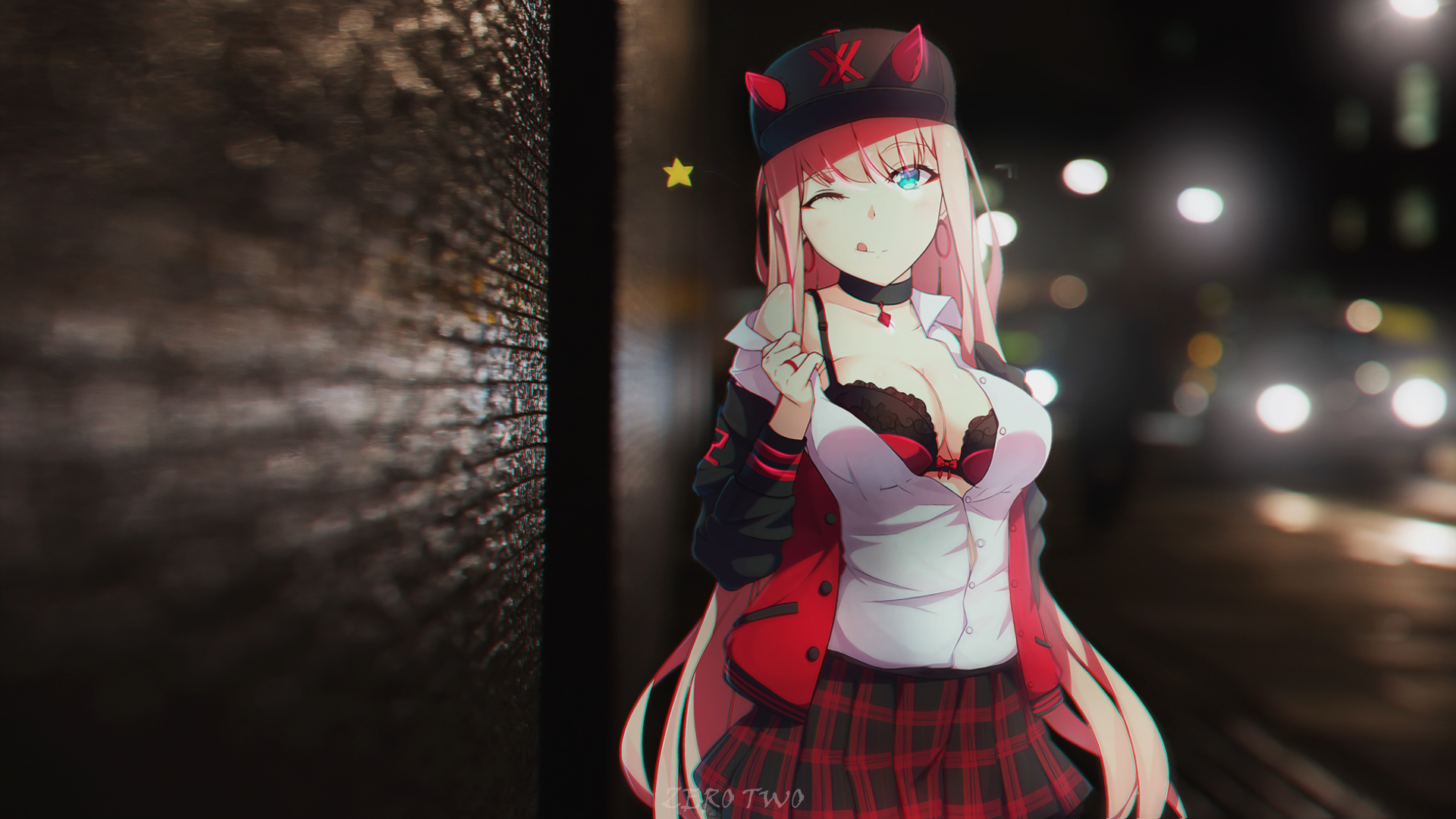 Anime 1920x1080 Zero Two (Darling in the FranXX) anime light blue hair night urban Darling in the FranXX anime girls tongue out hat cleavage bra boobs one eye closed animeirl