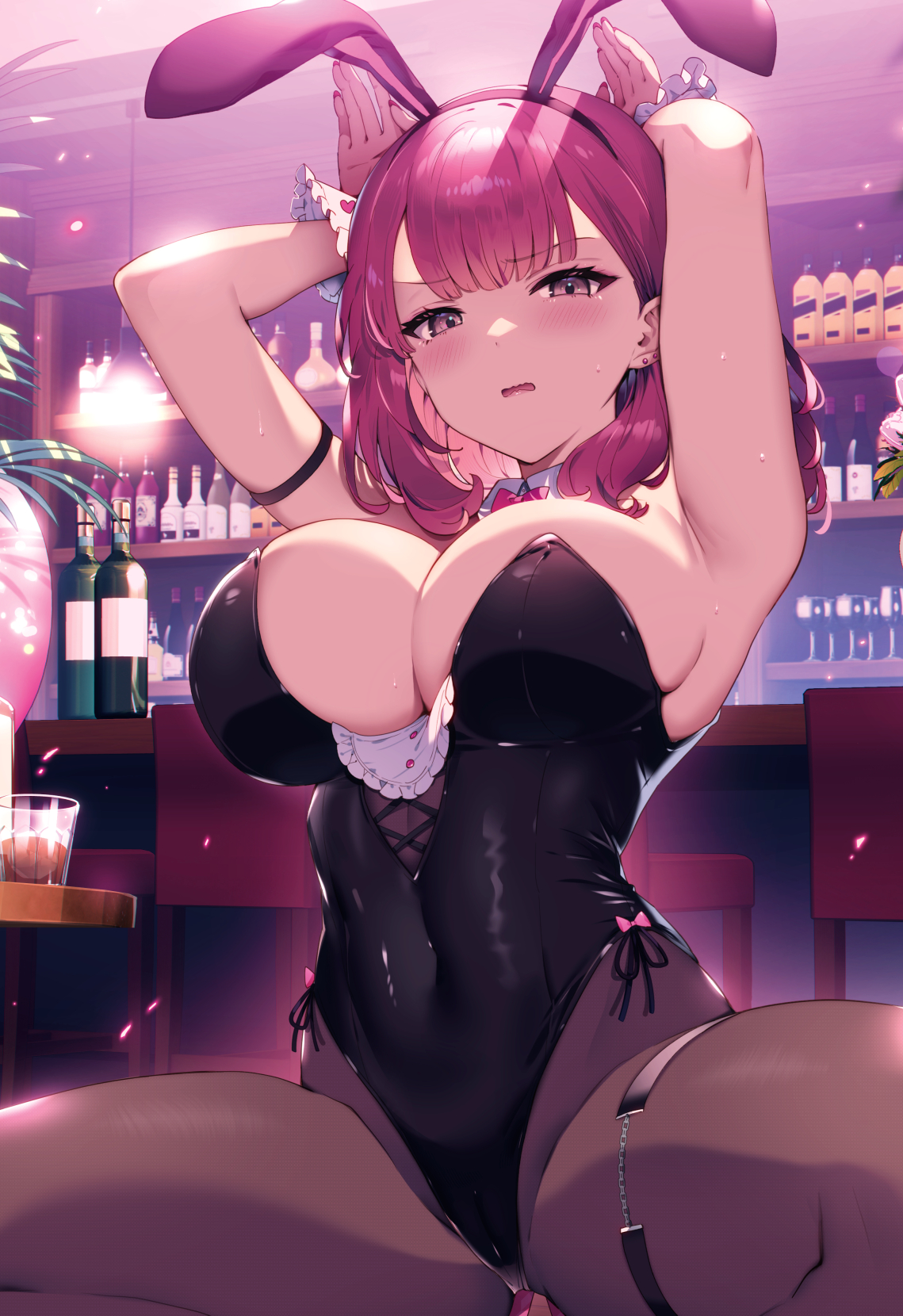 Anime 1139x1660 anime anime girls portrait display bunny suit big boobs spread legs Cut (artist) artwork blushing pantyhose bunny ears huge breasts redhead squatting looking at viewer arms up bar armpits thighs parted lips long hair skinny black leotard leotard drinking glass leaves wrist cuffs