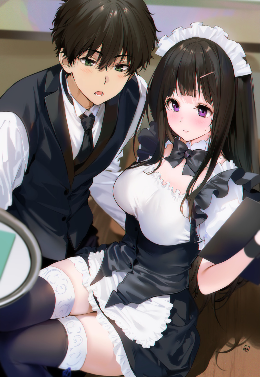 Anime 1080x1562 black hair maid anime girls anime boys portrait display maid outfit Oreki Houtarou Chitanda Eru Hyouka