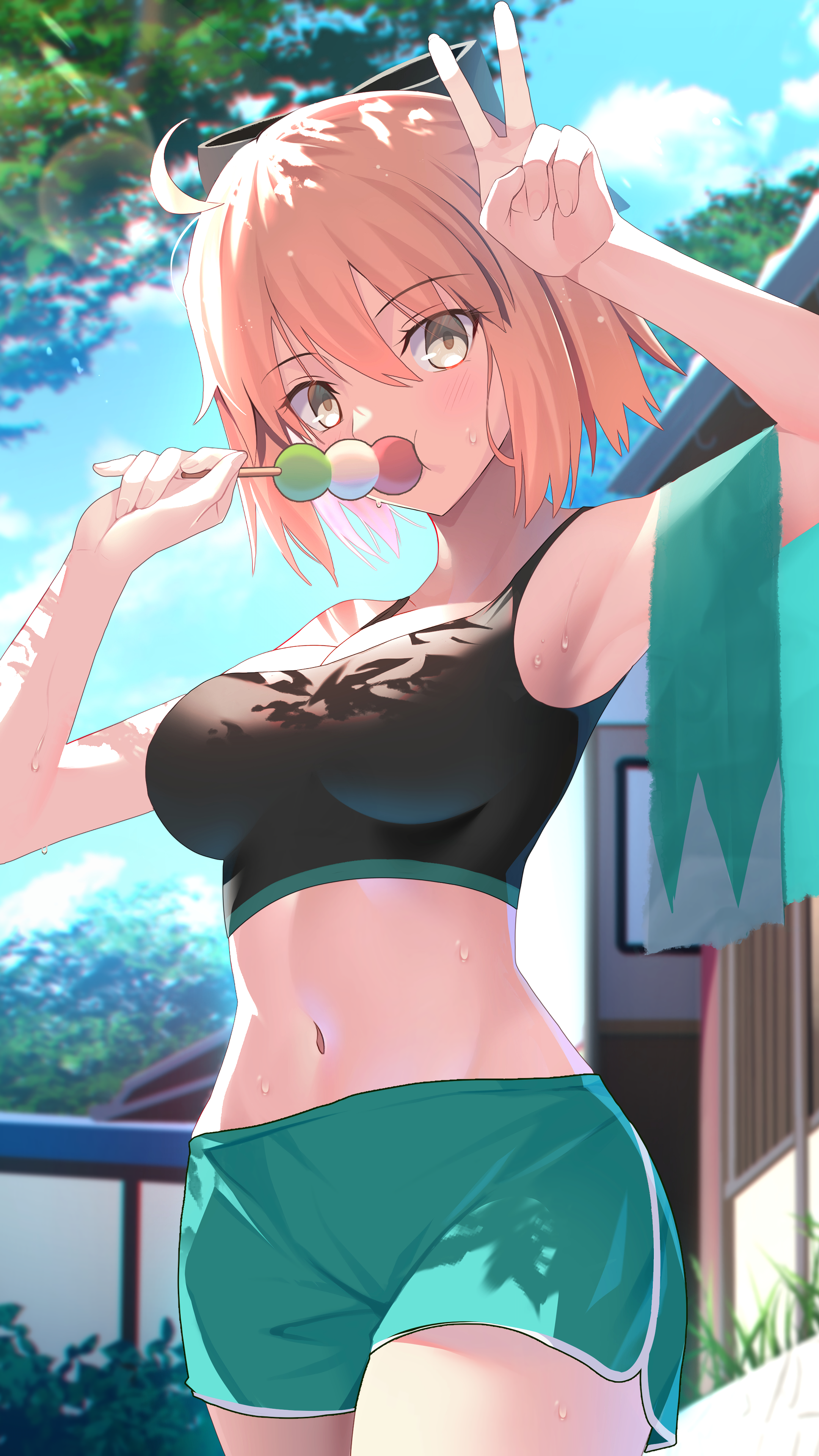 Anime 2160x3840 anime anime girls portrait display Fate series food eating peace sign belly shorts yellow eyes blonde armpits sweat