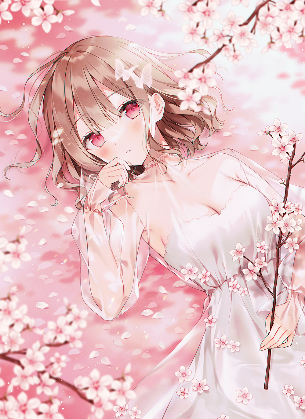 Anime 999x1372 anime anime girls flowers petals lying on back cleavage red eyes brunette butterfly top view pink eyes