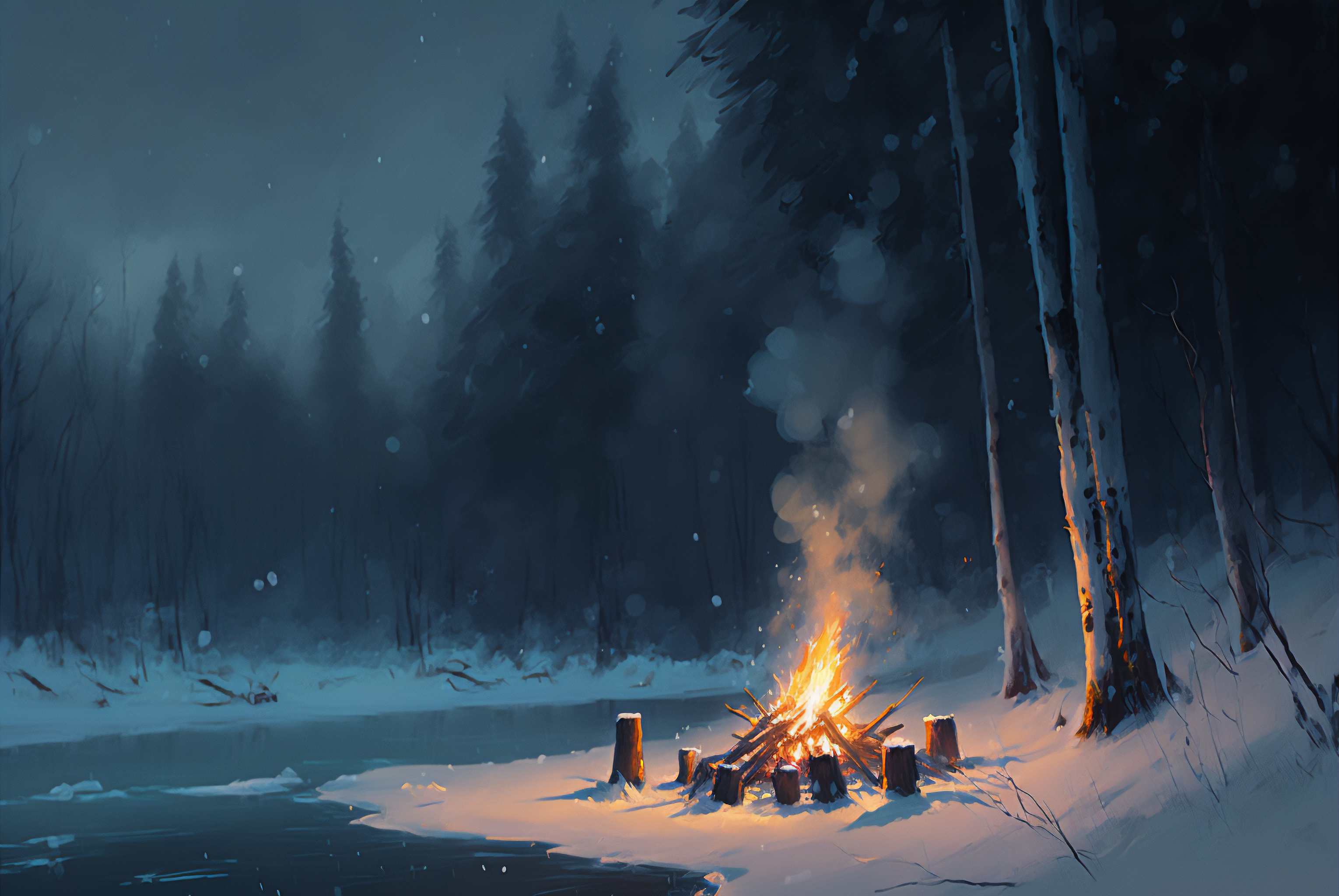 General 3060x2048 AI art snow winter forest animals campfire fire nature