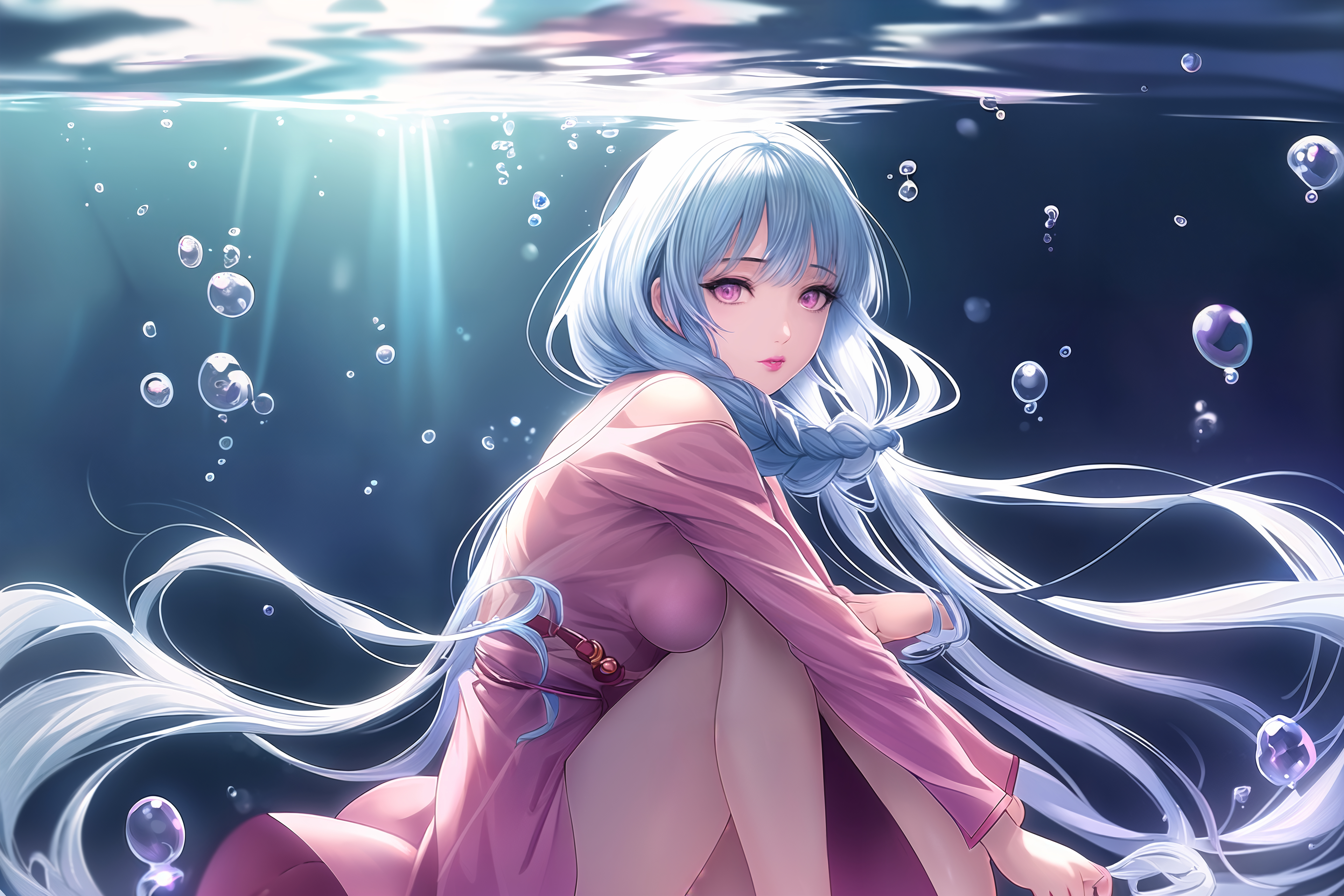 Anime 3840x2560 anime artwork digital art Mia27000 women AI art underwater blue hair purple eyes bubbles water long hair