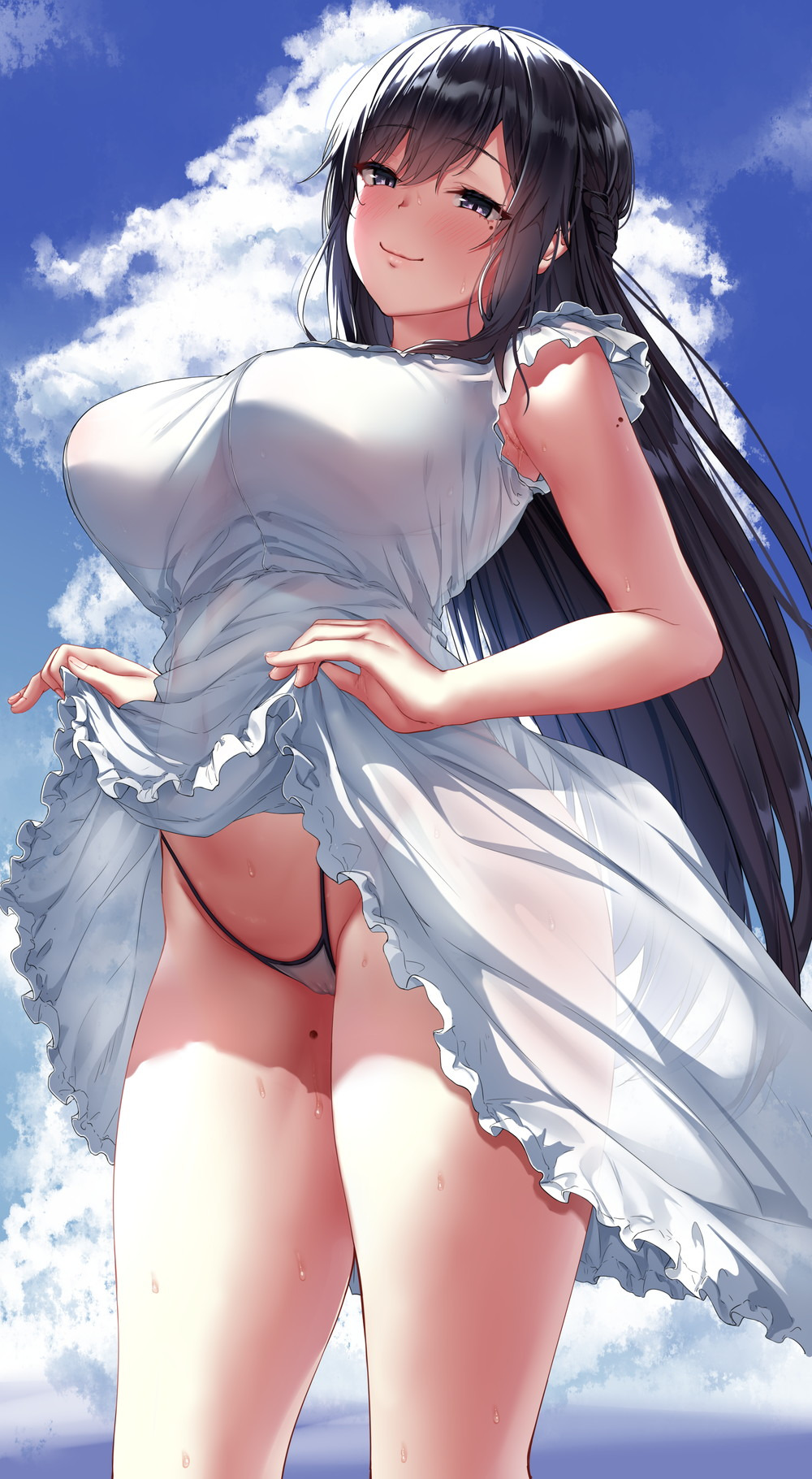 Anime 1000x1820 2D anime girls dark hair long hair dress white dress moles mole under eye lifting skirt clouds smiling thong portrait display big boobs artwork Jaku Denpa