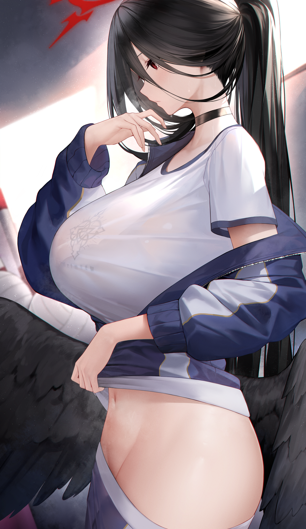 Anime 1000x1728 anime anime girls Hanekawa Hasumi (Blue Archive) Blue Archive wings portrait display choker thighs ponytail big boobs huge breasts bare midriff undressing gym clothes