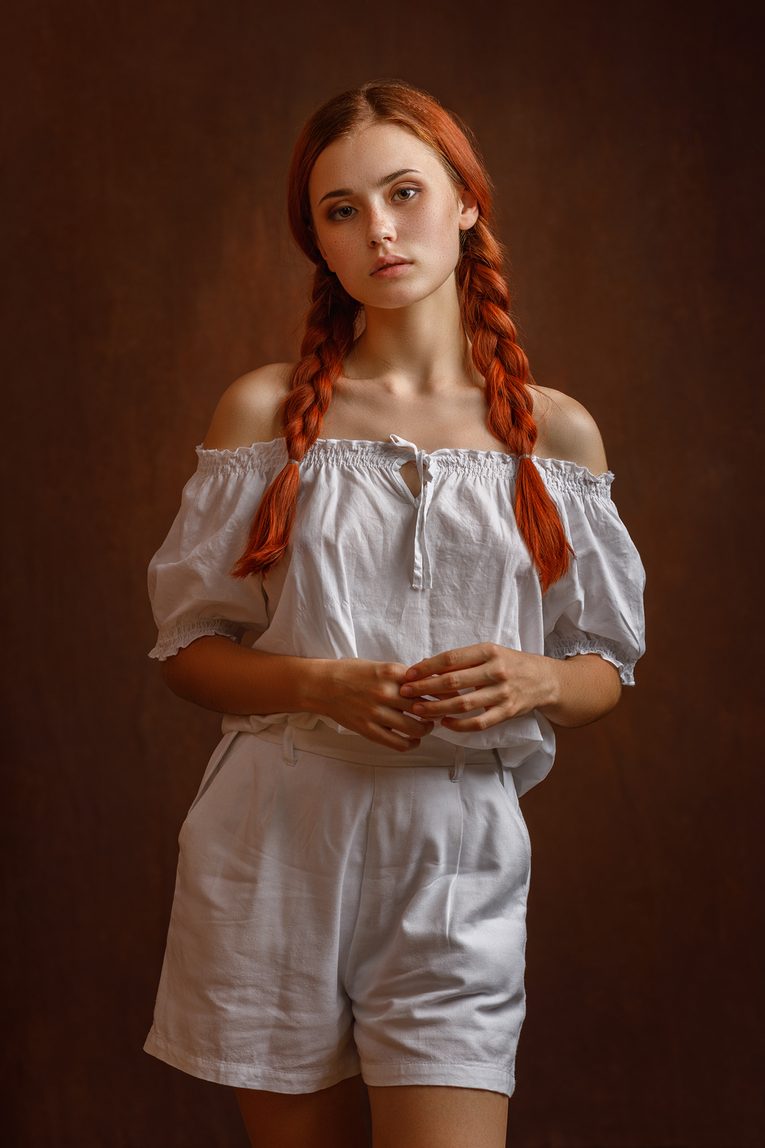People 1080x1620 Sergey Sergeev women Nadezhda Tretyakova braids white clothing simple background freckles twintails redhead portrait display