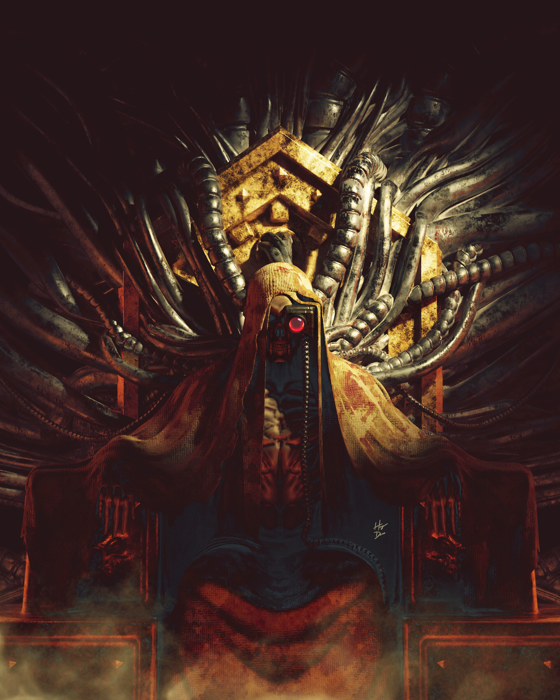 General 1920x2400 Warhammer 40,000 science fiction high tech Emperor of Mankind wires Augmentation cowl skeleton golden throne gold red throne dust video games video game art video game characters