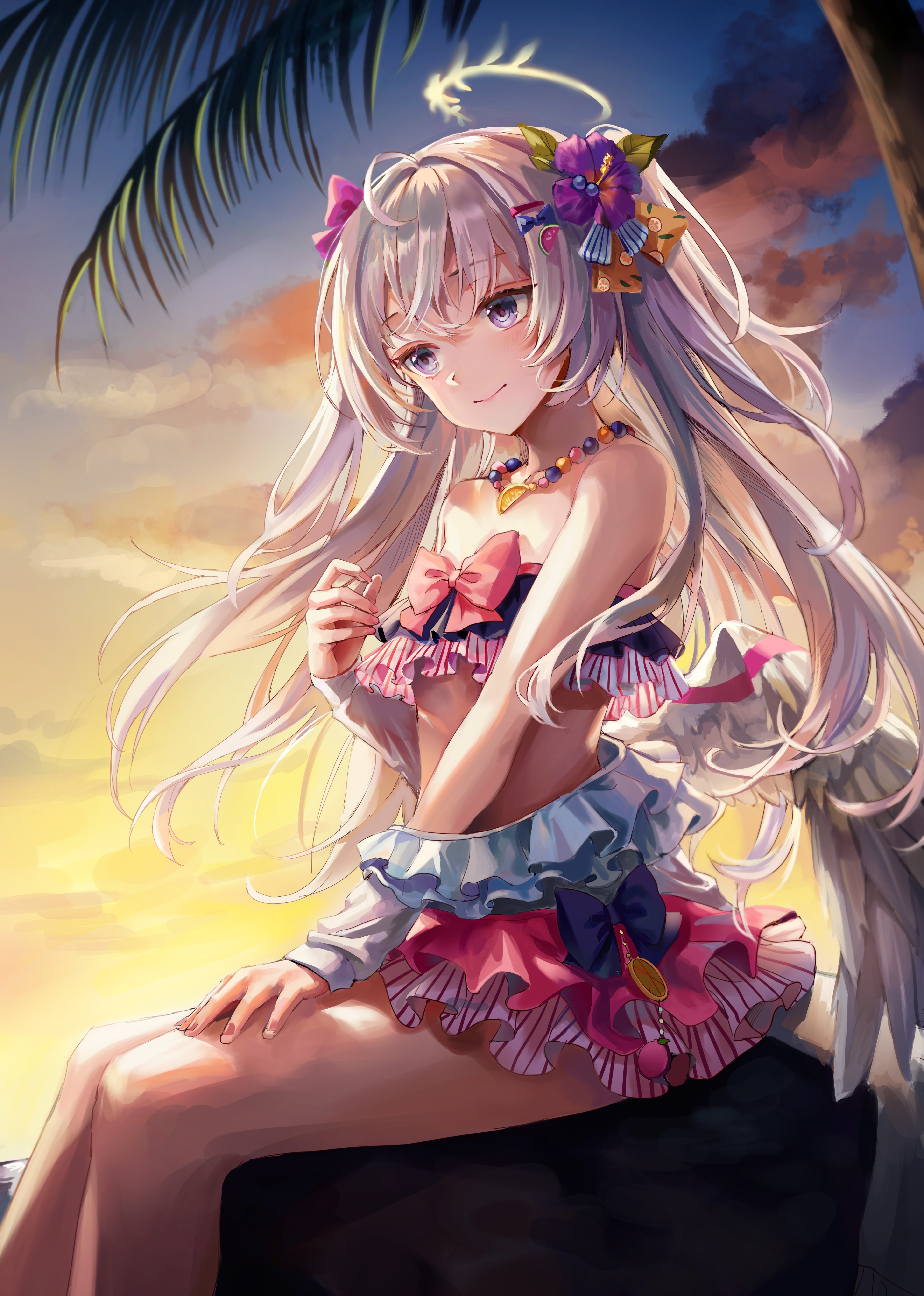 Anime 3827x5368 skirt white hair bikini gray hair sunset glow palm trees hand on leg halo looking away portrait display flower in hair anime girls necklace