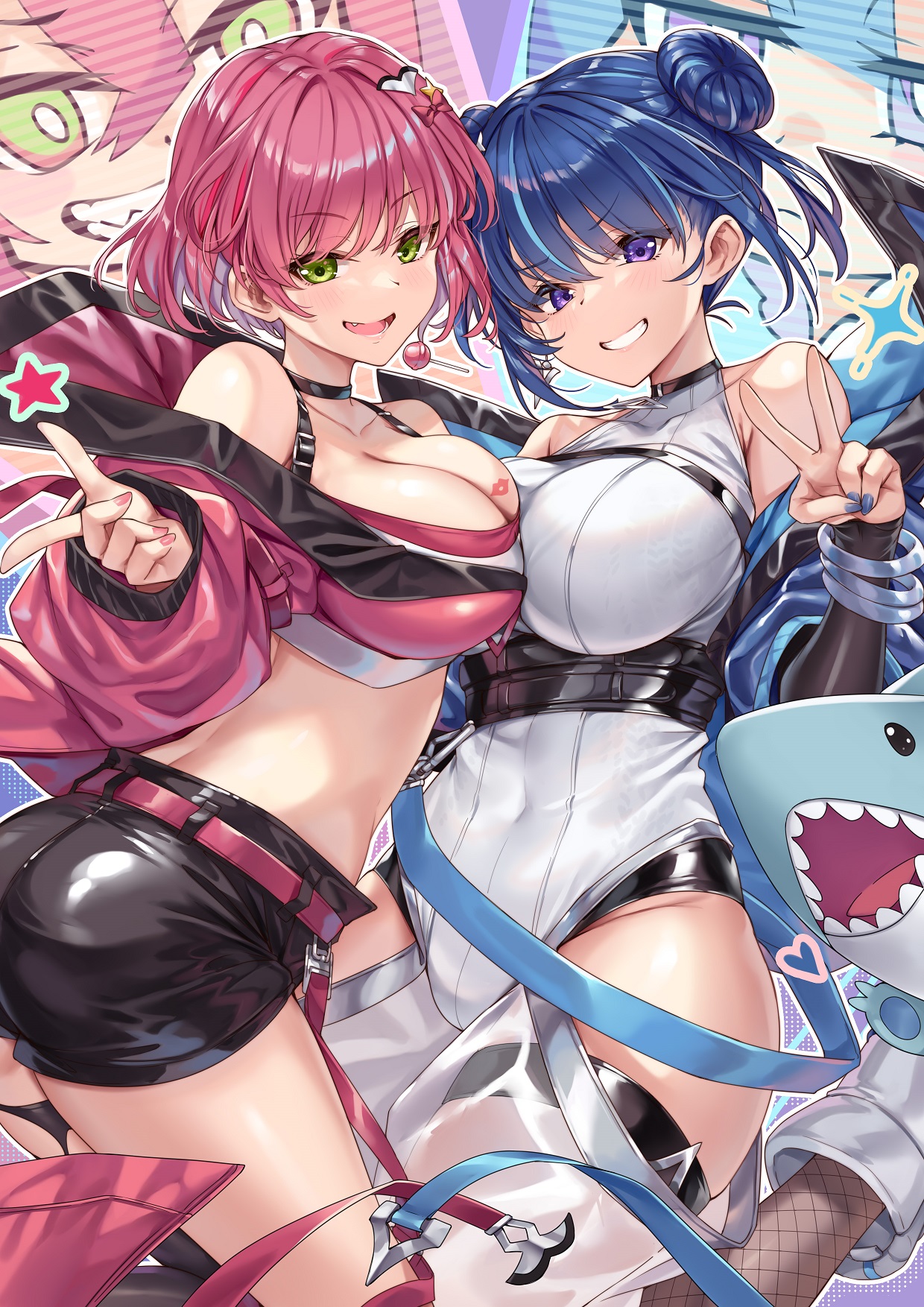 Anime 1240x1754 anime anime girls Yu-Gi-Oh! Ki-sikil Lil-la ks (artist) cleavage big boobs boobs on boobs stars hairbun peace sign painted nails blue nails pink nails collarbone bare shoulders off shoulder looking at viewer smiling twin buns shorts thighs belt shark portrait display choker lollipop long sleeves straps