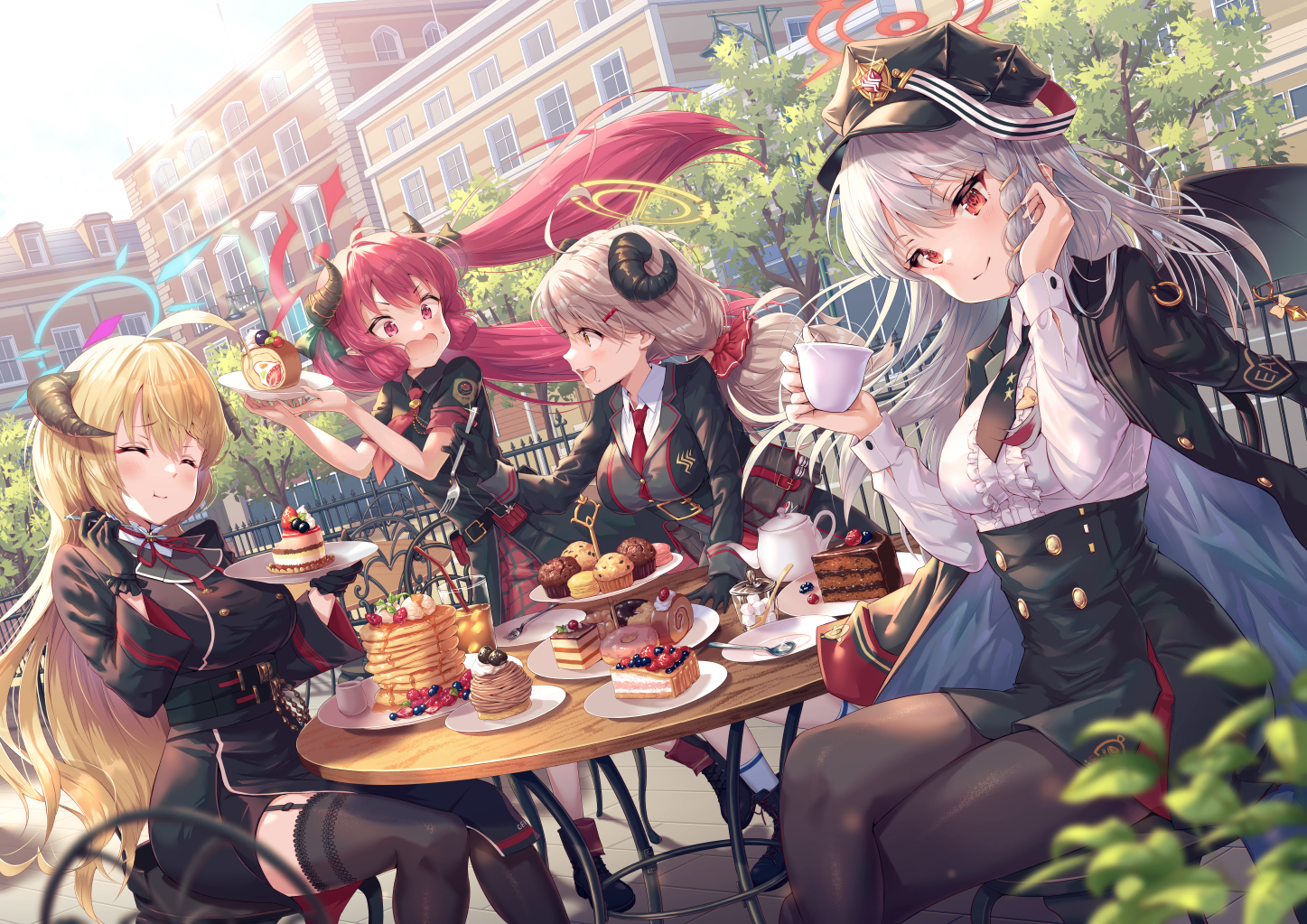 Anime 1447x1023 anime anime girls Blue Archive women quartet group of women food anime girls eating eating cake tea military uniform legs crossed pantyhose stockings Military Hat building trees horns pastries sweets