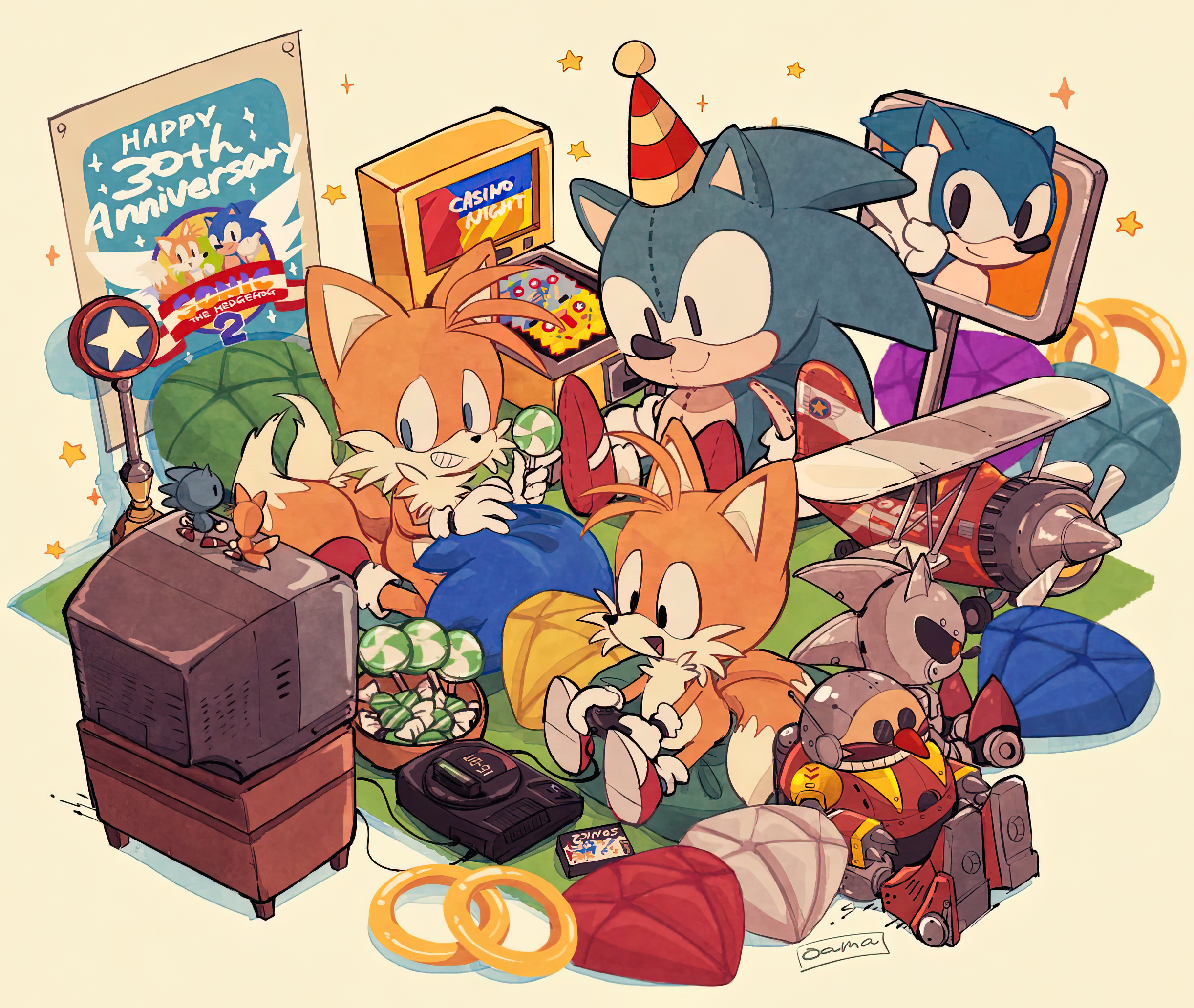 General 2444x2064 Sonic Sonic the Hedgehog Tails (character) Sega video game art video game characters PC gaming Sonic 2 Sonic 3 Dreamcast lollipop cushions pillow 1990s toys retro console retro style retro games rings artwork video games sega genesis sega saturn simple background