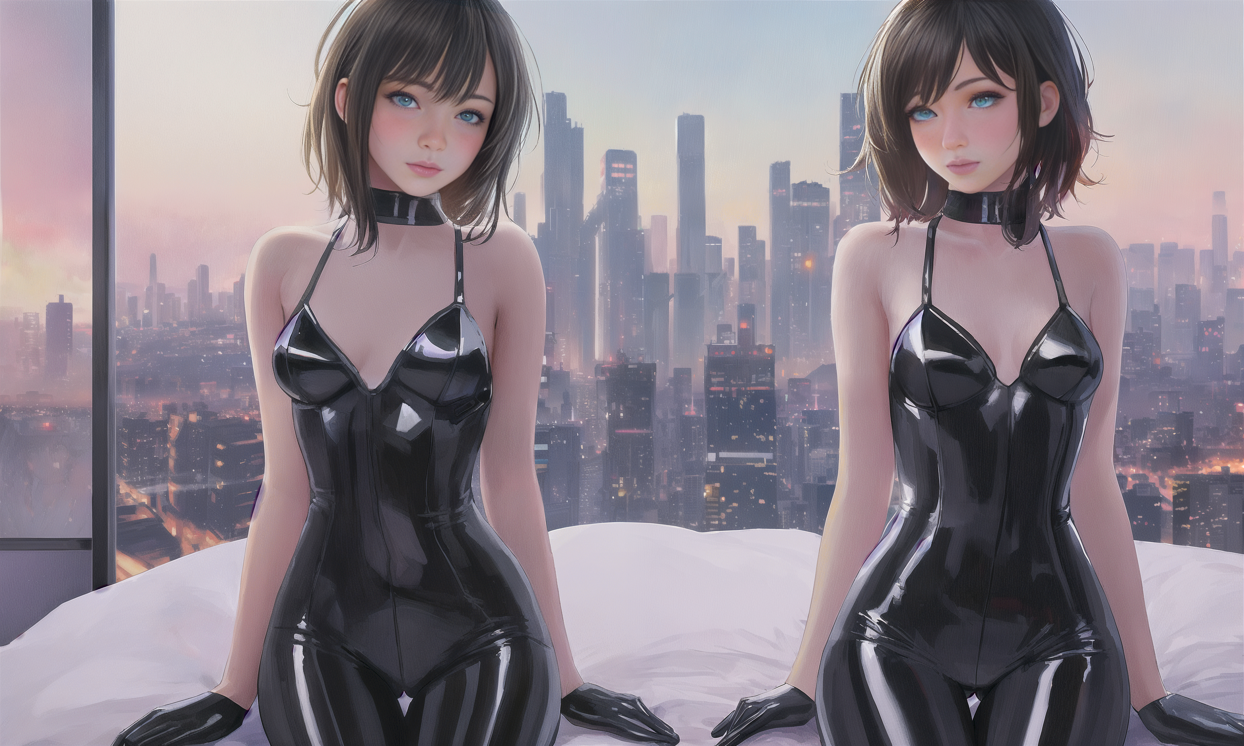 Anime 2560x1536 latex cyberpunk anime girls blue eyes gloves city city lights small boobs latex bodysuit choker