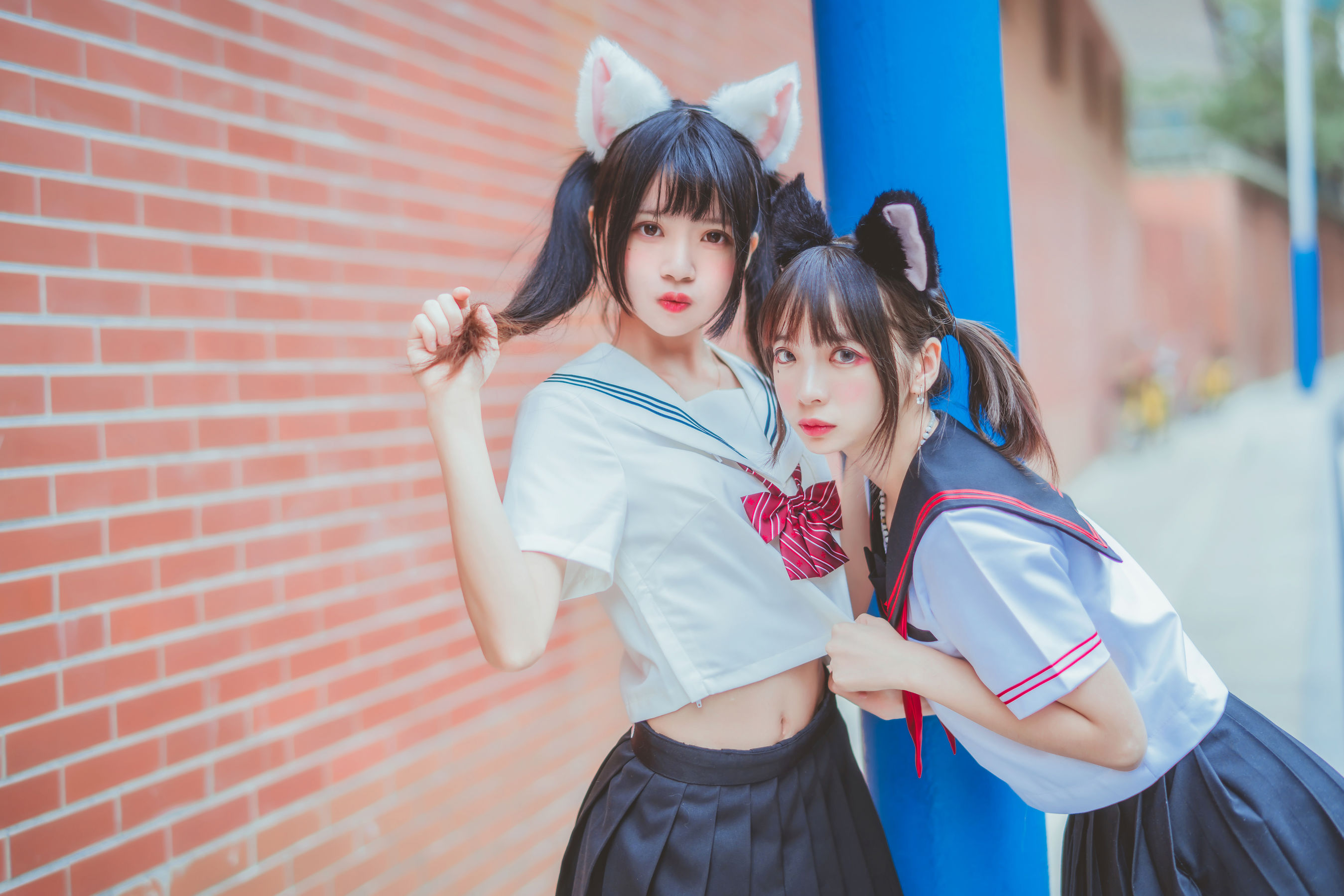 People 2698x1800 CherryNeko women model women outdoors Asian two women cat ears school uniform urban twintails Feng Mao