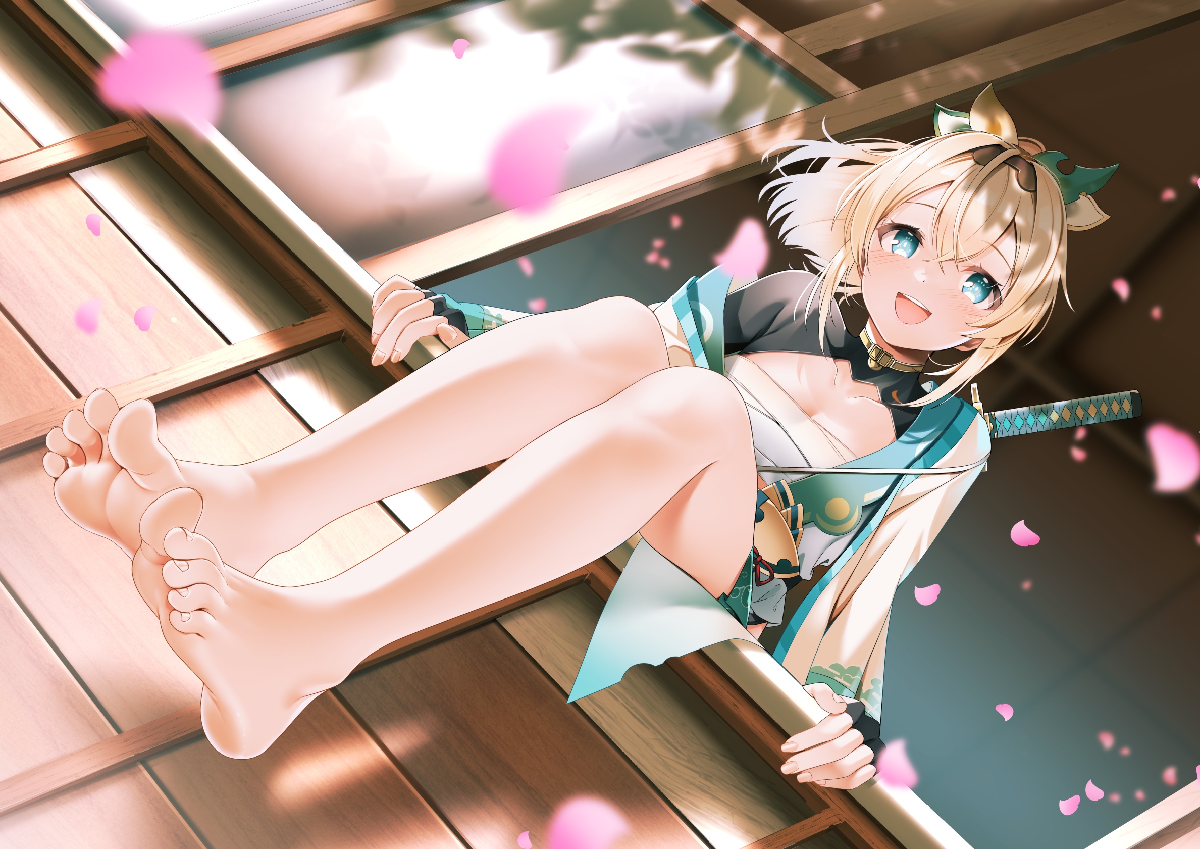Anime 2377x1681 anime anime girls Hololive Virtual Youtuber Kazama Iroha casinoep feet petals blonde blue eyes toes bent legs
