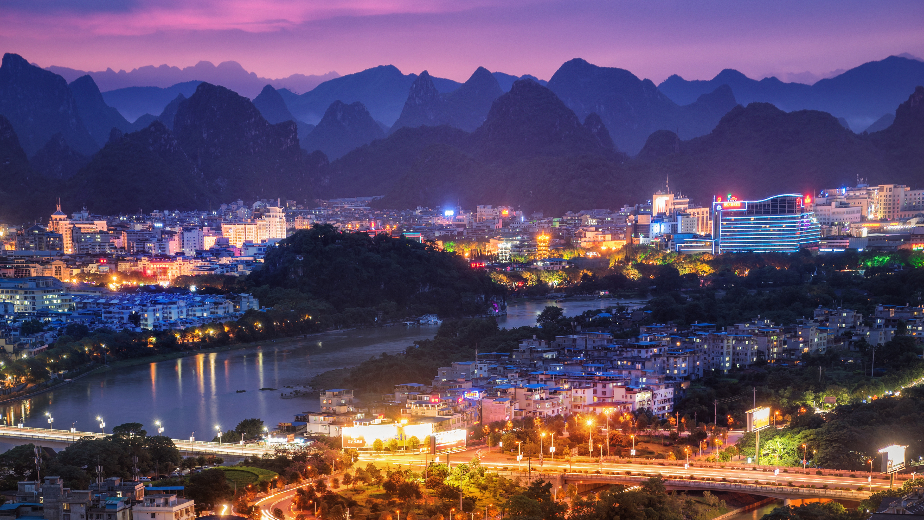 General 3840x2160 cityscape 4K building water night lights mountains hills bridge river Guilin China city