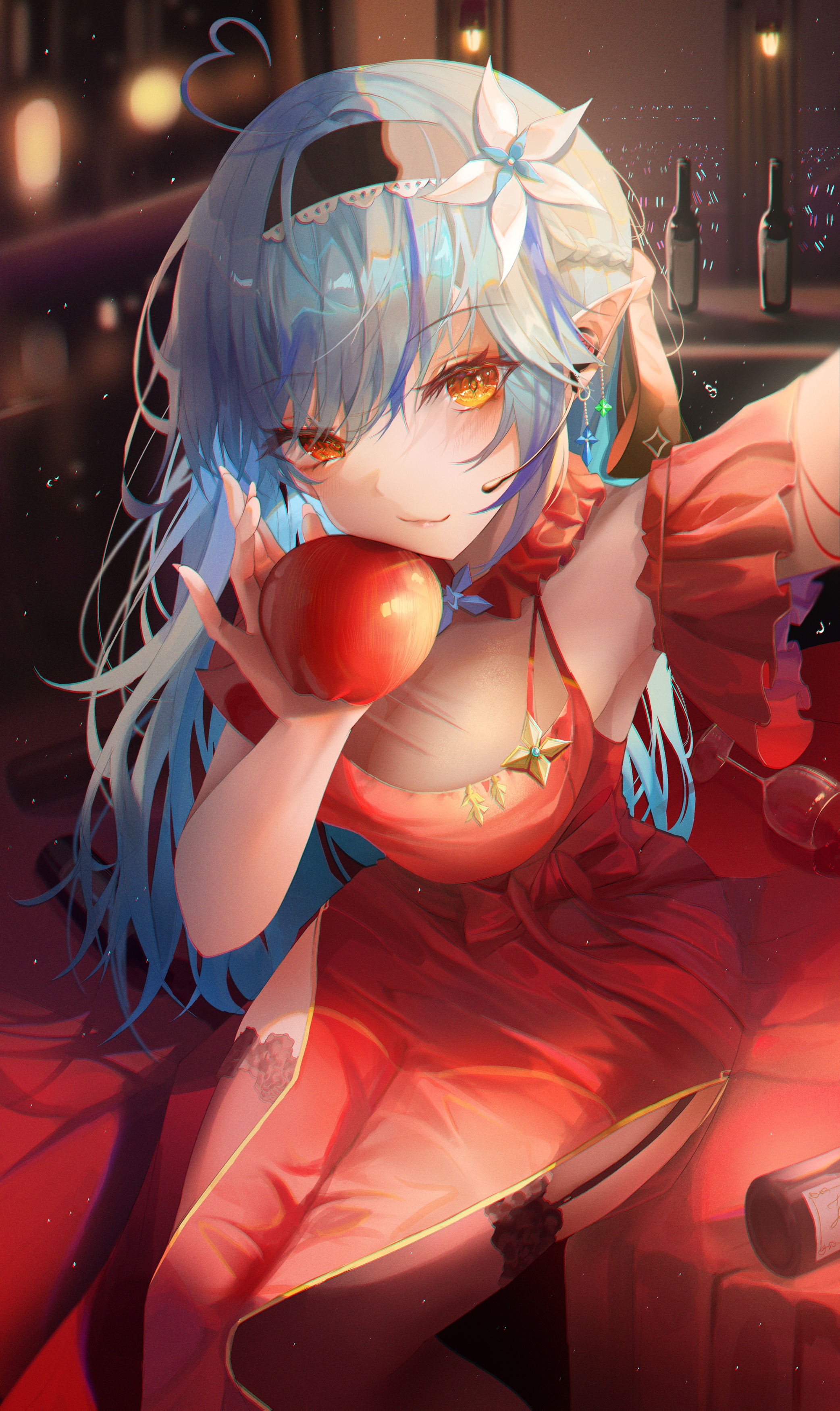 Anime 2084x3500 anime anime girls apples blue hair heterochromia pointy ears dress