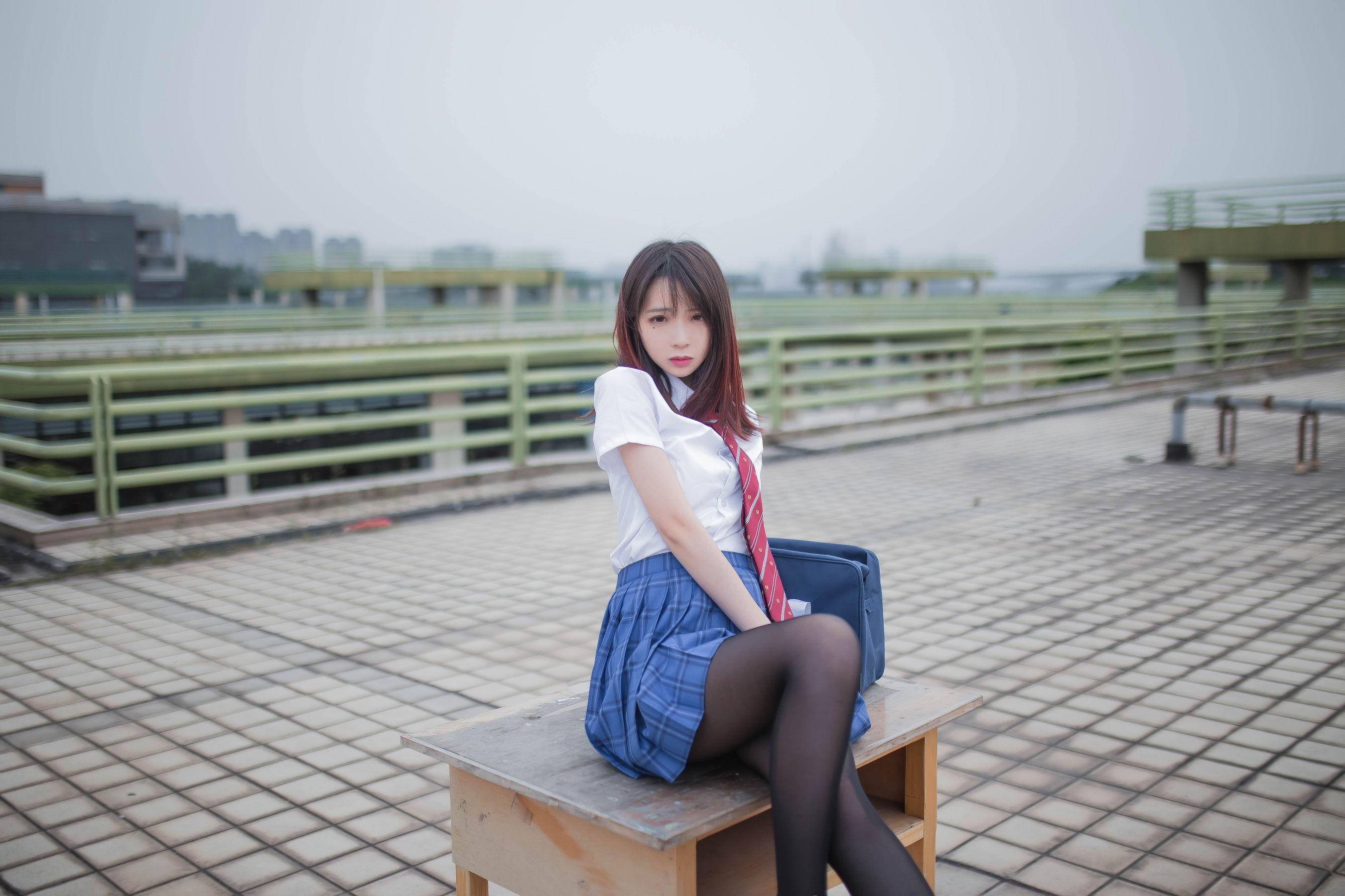 People 2700x1800 women model Asian long hair women outdoors brunette urban school uniform Feng Mao