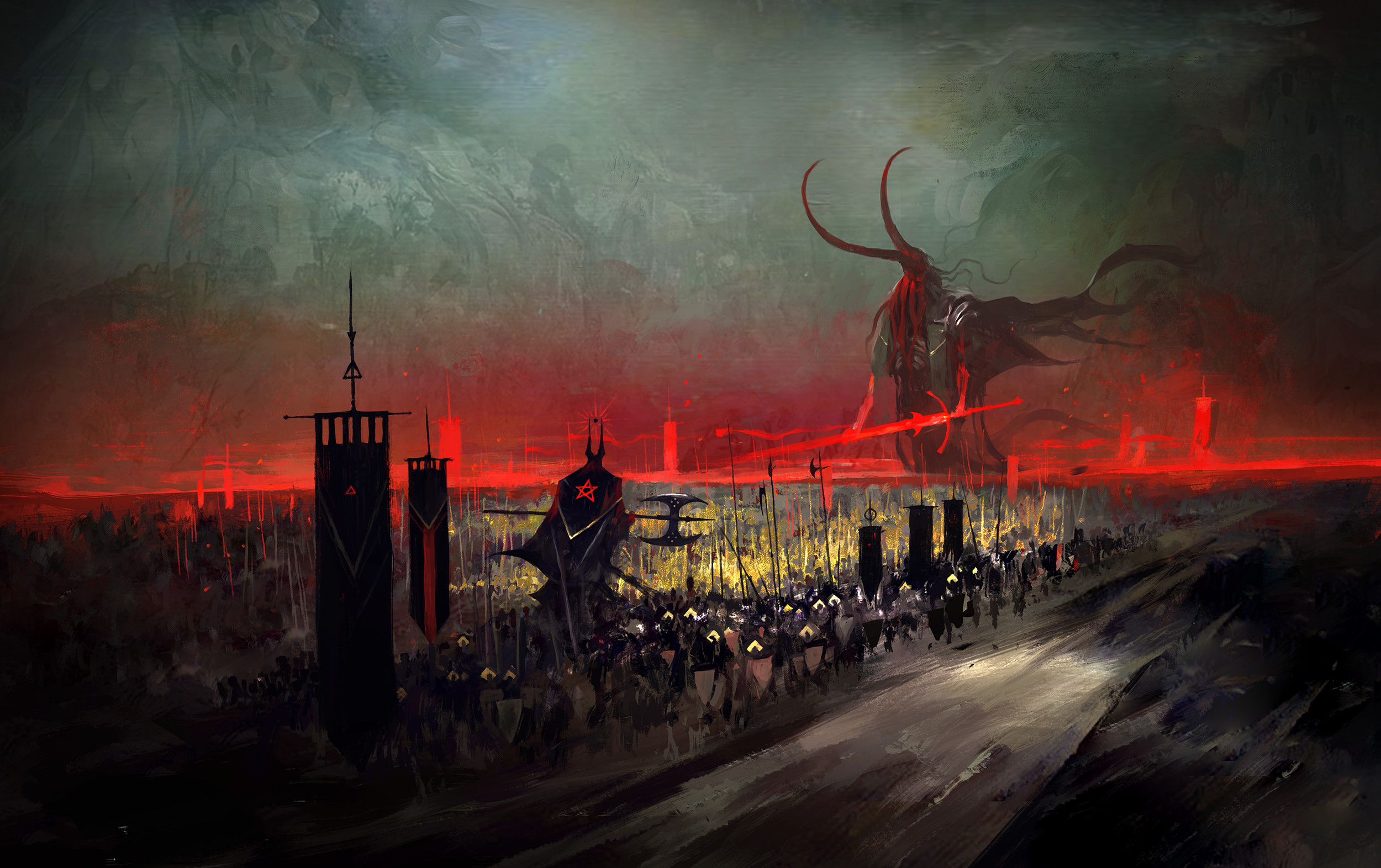 General 2500x1572 science fiction medevil deamons demon red fire army deity fantasy art digital art