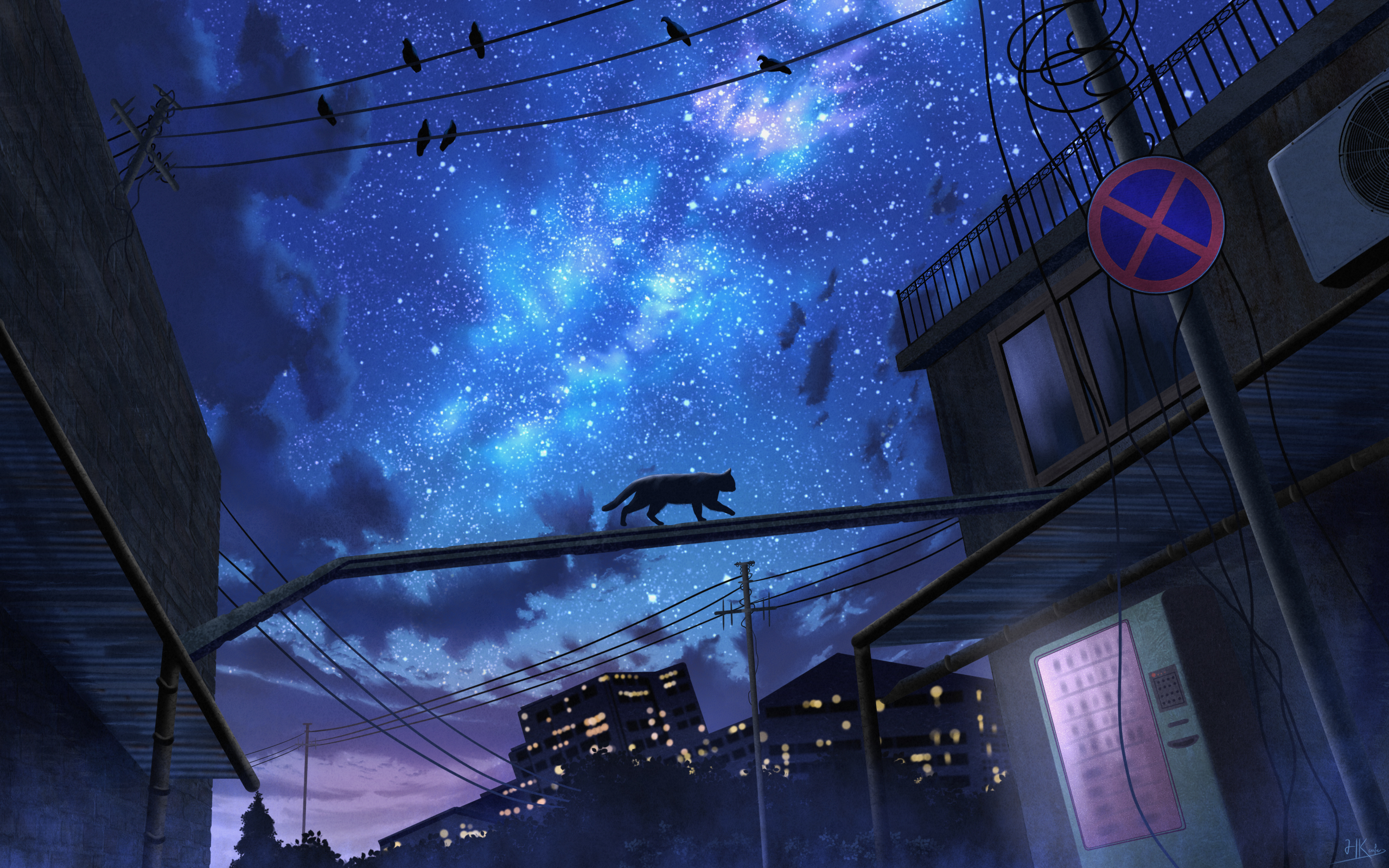 General 2560x1600 HKcutie digital art artwork illustration night nightscape stars sky animals cats birds road sign signature building power lines