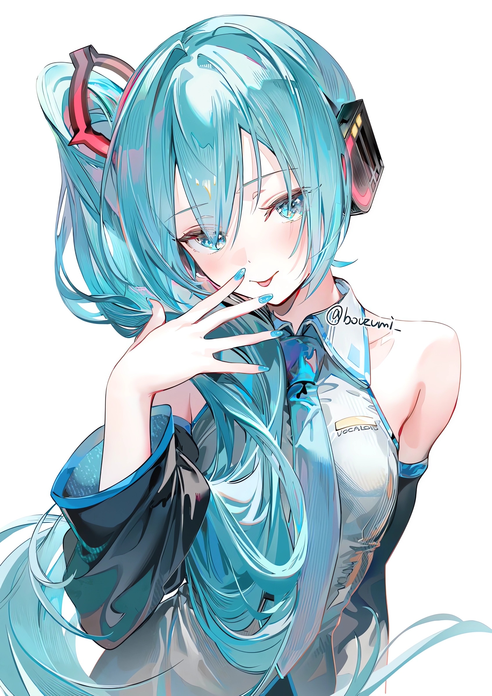 Anime 1696x2398 anime anime girls Umi Bouzu ponytail blue nails painted nails portrait display Vocaloid simple background smiling white background blushing Hatsune Miku long hair blue hair blue eyes bare shoulders tongue out detached sleeves tie watermarked head tilt