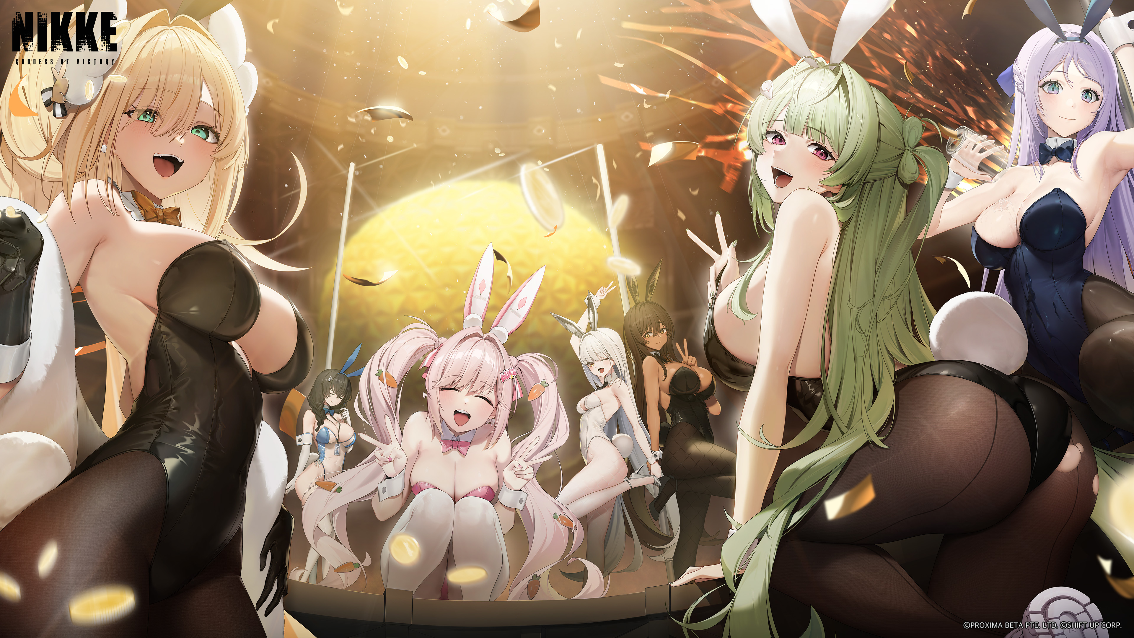 Anime 3840x2160 Nikke: The Goddess of Victory group of women leotard bunny suit bunny girl looking at viewer coins Alice (Nikke) peace sign Folkwang (Nikke) bow tie Mary (Nikke) Noir (Nikke) Rupee (Nikke: The Goddess of Victory) Soda (Nikke: The Goddess Of Victory) bunny ears pantyhose strapless leotard ass big boobs headdress women indoors back gold coins cleavage long hair twintails Blanc (Nikke)