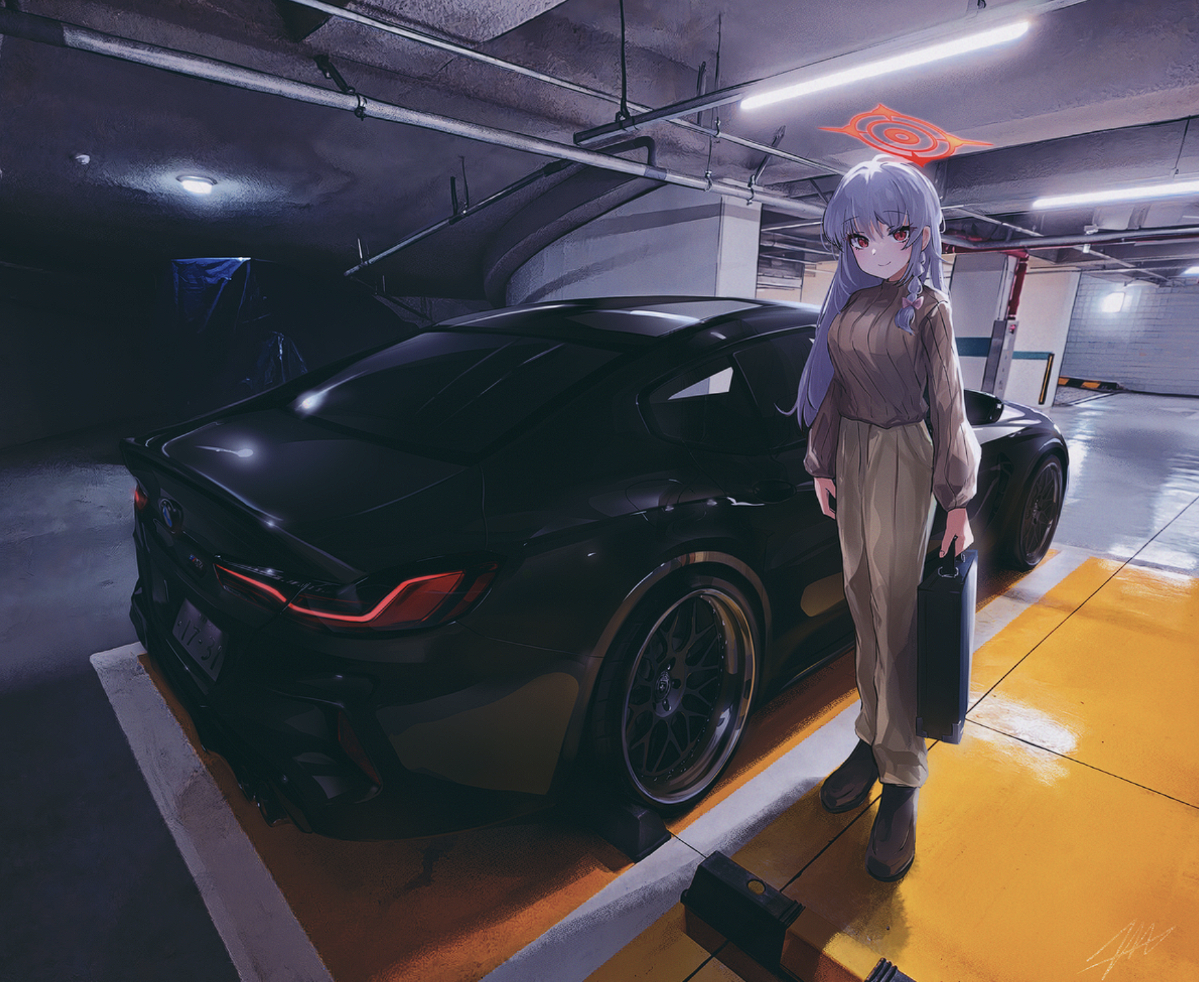 Anime 1746x1430 Blue Archive car vehicle BMW Kurodate Haruna (Blue Archive) Haruna (Blue Archive) anime anime girls underground garage parking lot