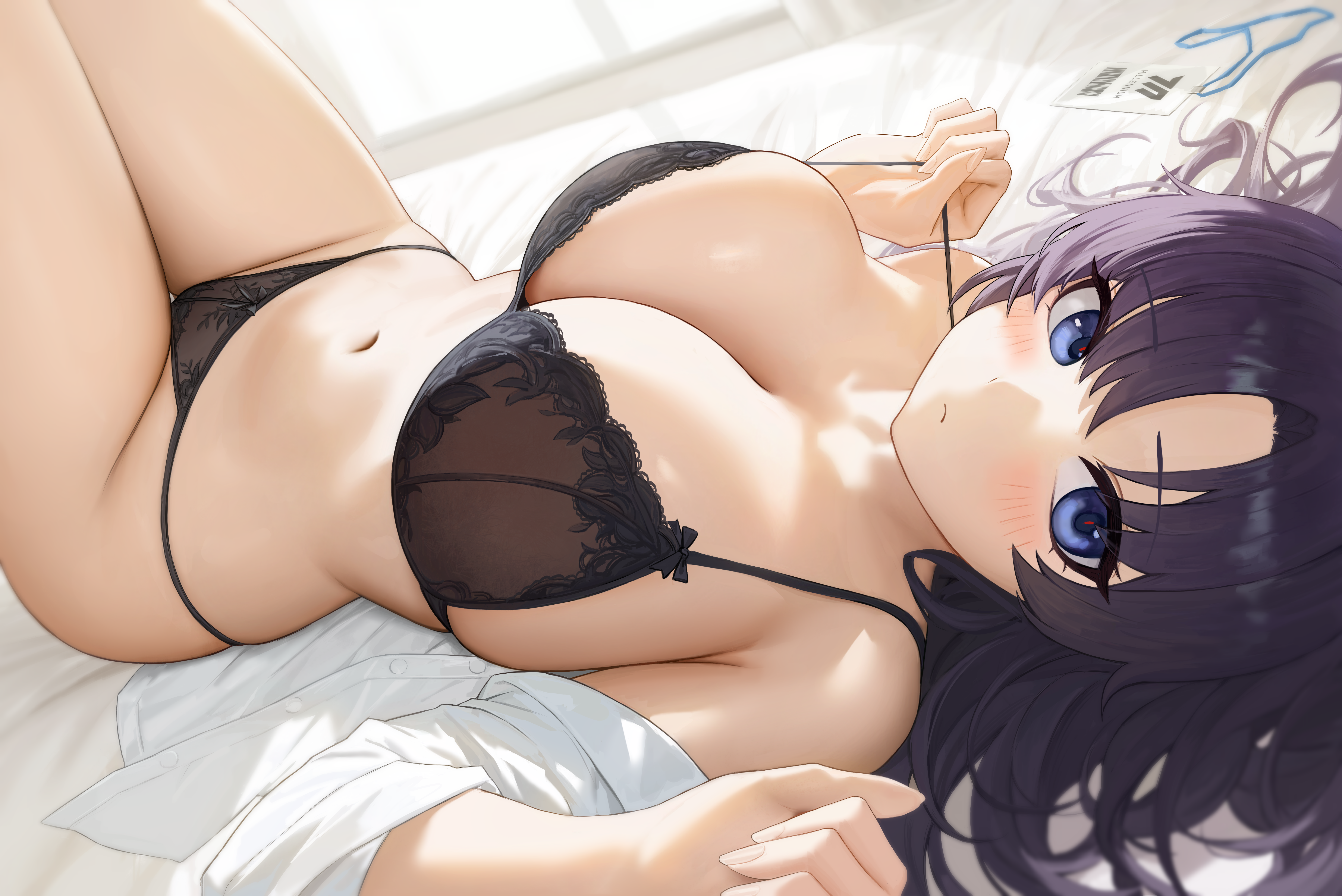 Anime 6283x4194 Blue Archive tugging bra Hayase Yuuka blushing black lingerie black bras black underwear panties black panties underwear looking at viewer Heine cleavage closed mouth huge breasts lying down lying on back purple hair blue eyes thighs together open clothes lace lingerie bra bed lace trim