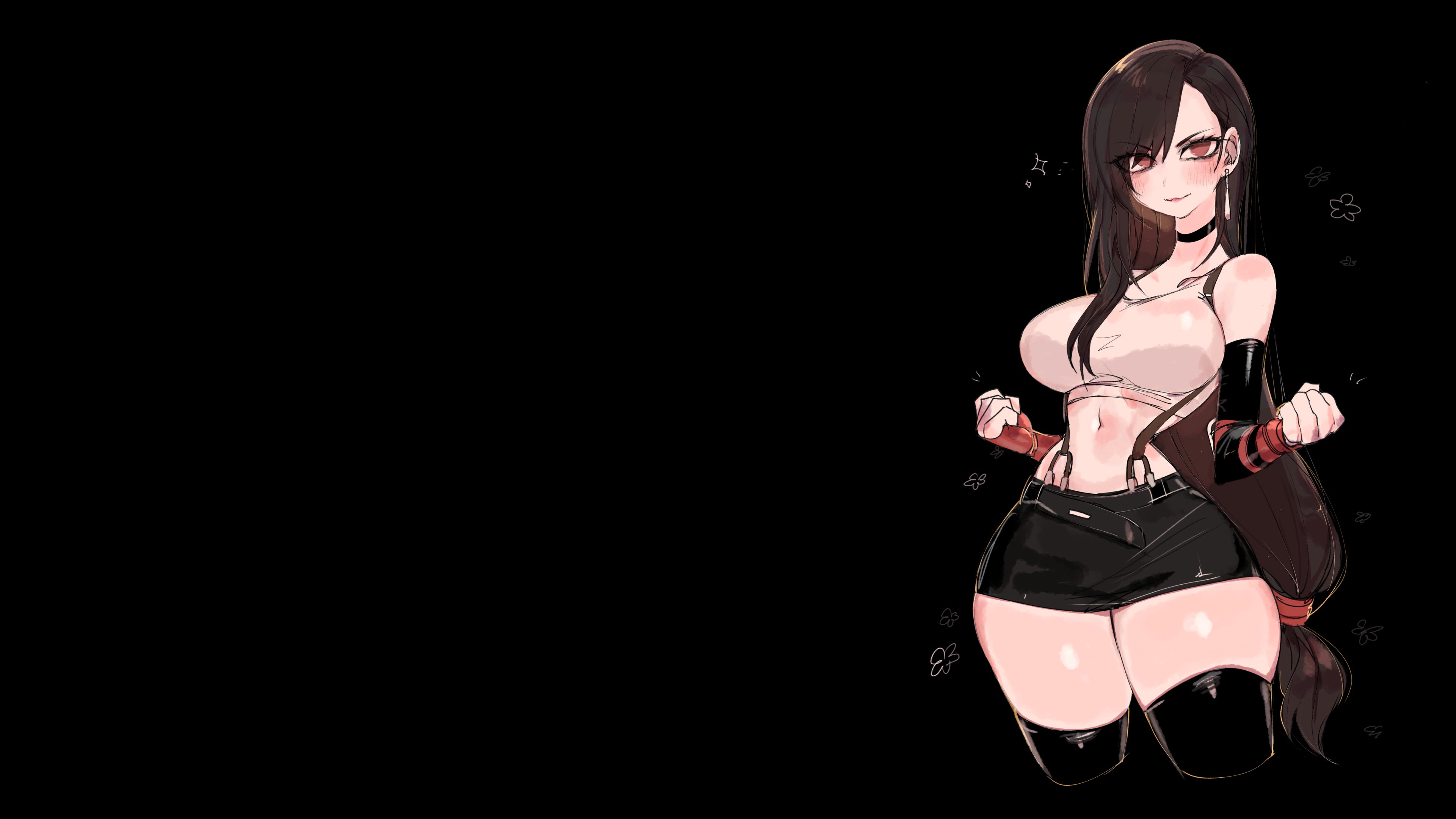 Anime 3840x2160 Tifa Lockhart Final Fantasy VII Final Fantasy VII: Remake brunette long hair crop top Square Enix video games video game girls blushing black background simple background miniskirt black mini skirt black skirts thighs thick thigh thigh-highs black thigh highs wide hips hips choker bangs blunt bangs bracelets gloves red gloves elbow gloves suspenders thighs together sleeveless bare shoulders looking at viewer ponytail