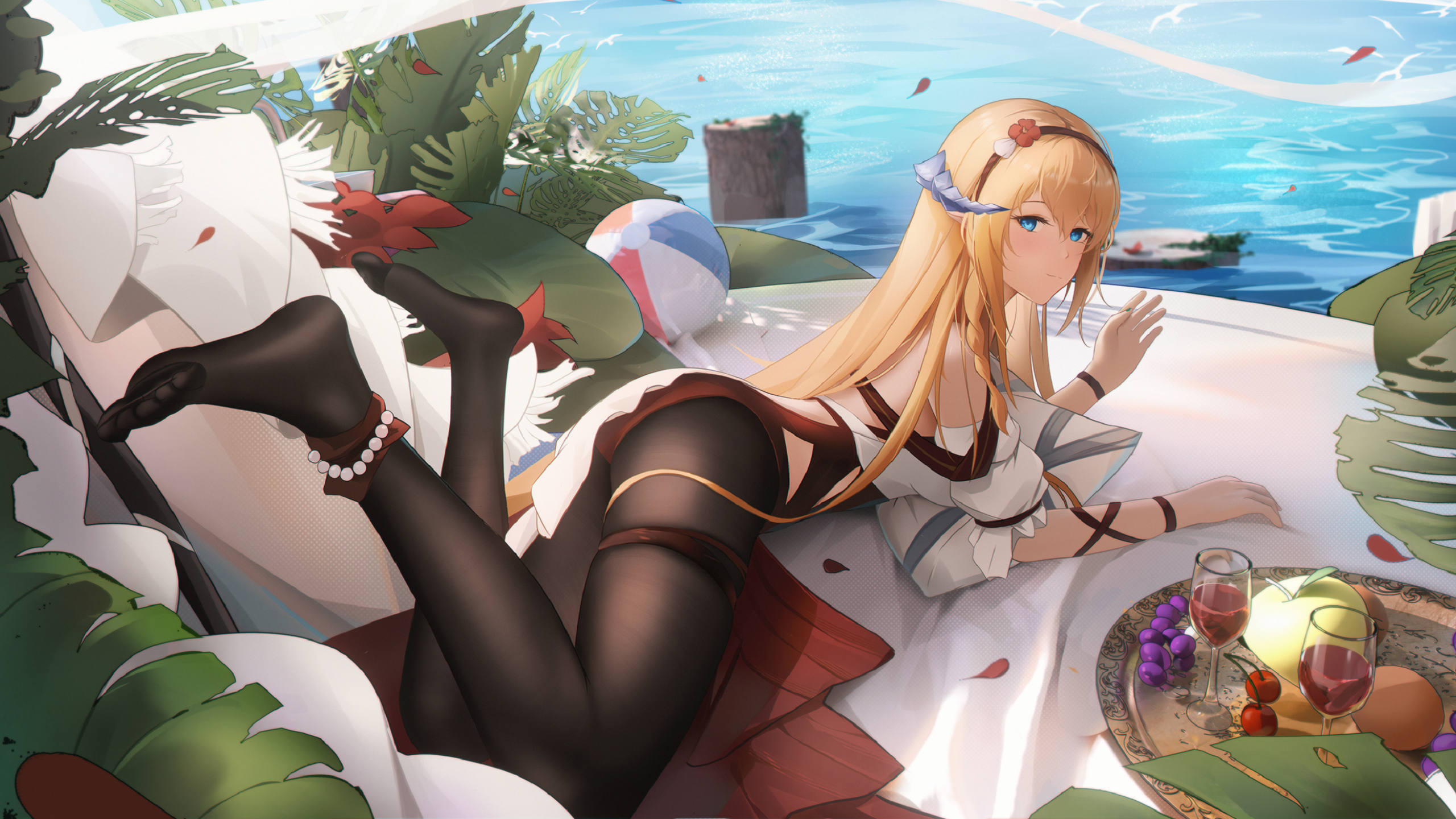 Anime 2560x1440 anime girls pantyhose lying on front wine long hair feet stockings black stockings lying down water looking at viewer blonde blue eyes fruit wine glass leaves beach ball petals