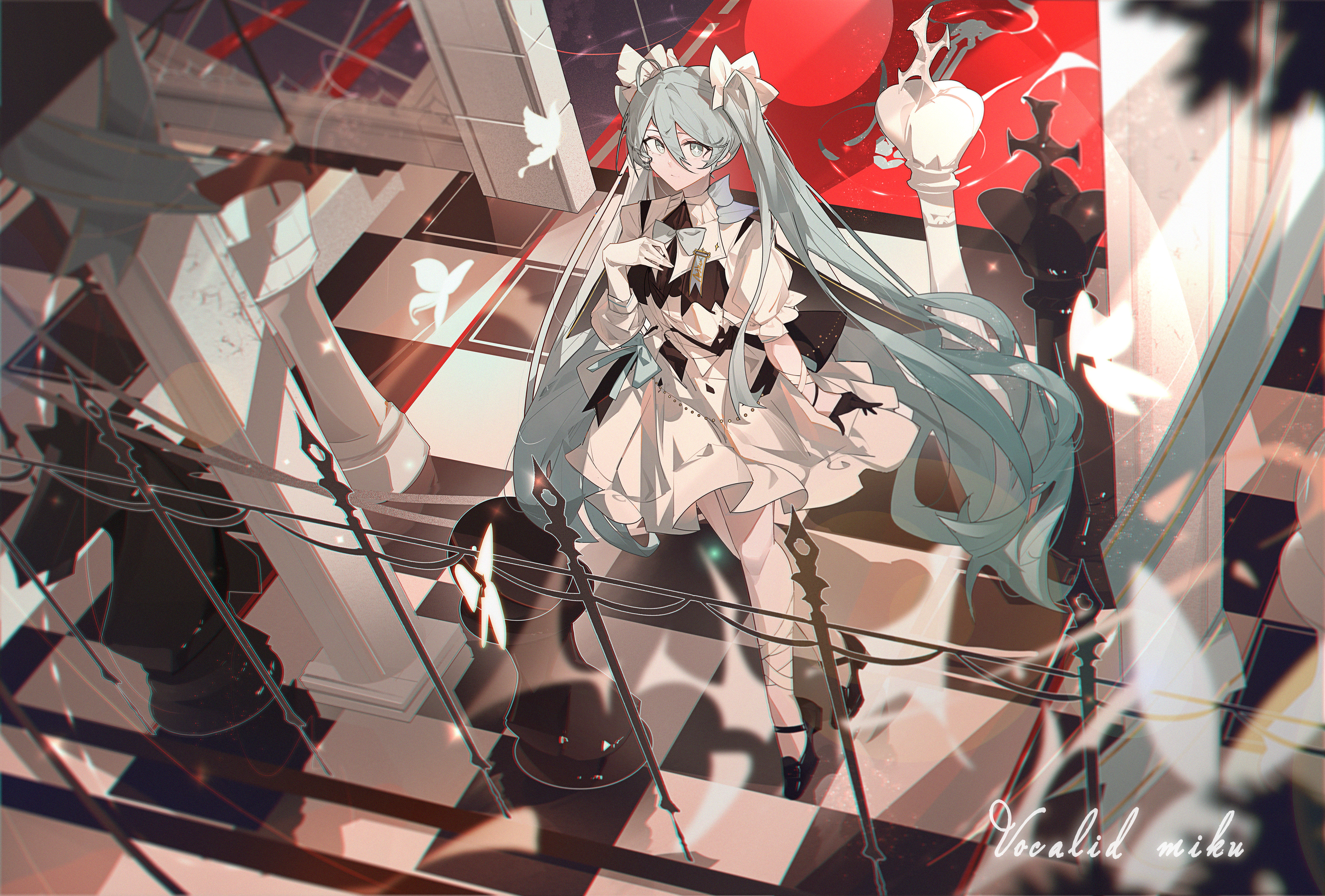 Anime 5000x3380 anime anime girls standing twintails Hatsune Miku Vocaloid chess checkered looking at viewer dress bow tie butterfly blue hair blue eyes star eyes