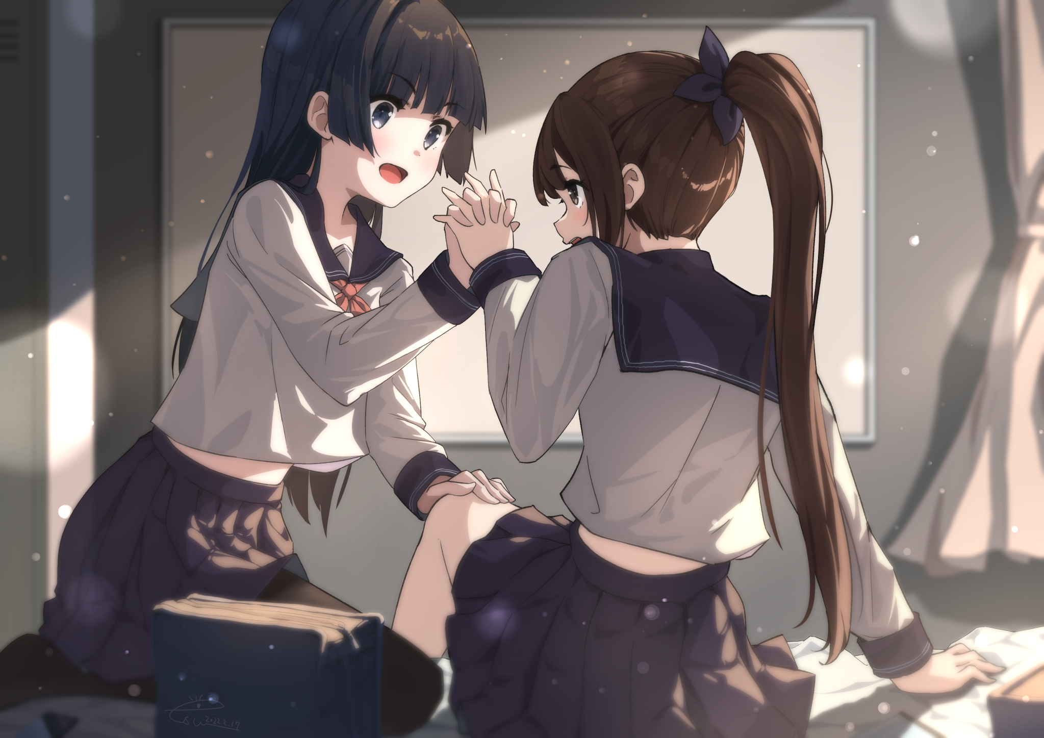 Anime 2047x1447 anime anime girls schoolgirl school uniform ponytail long hair skirt holding hands open mouth sunlight yuri