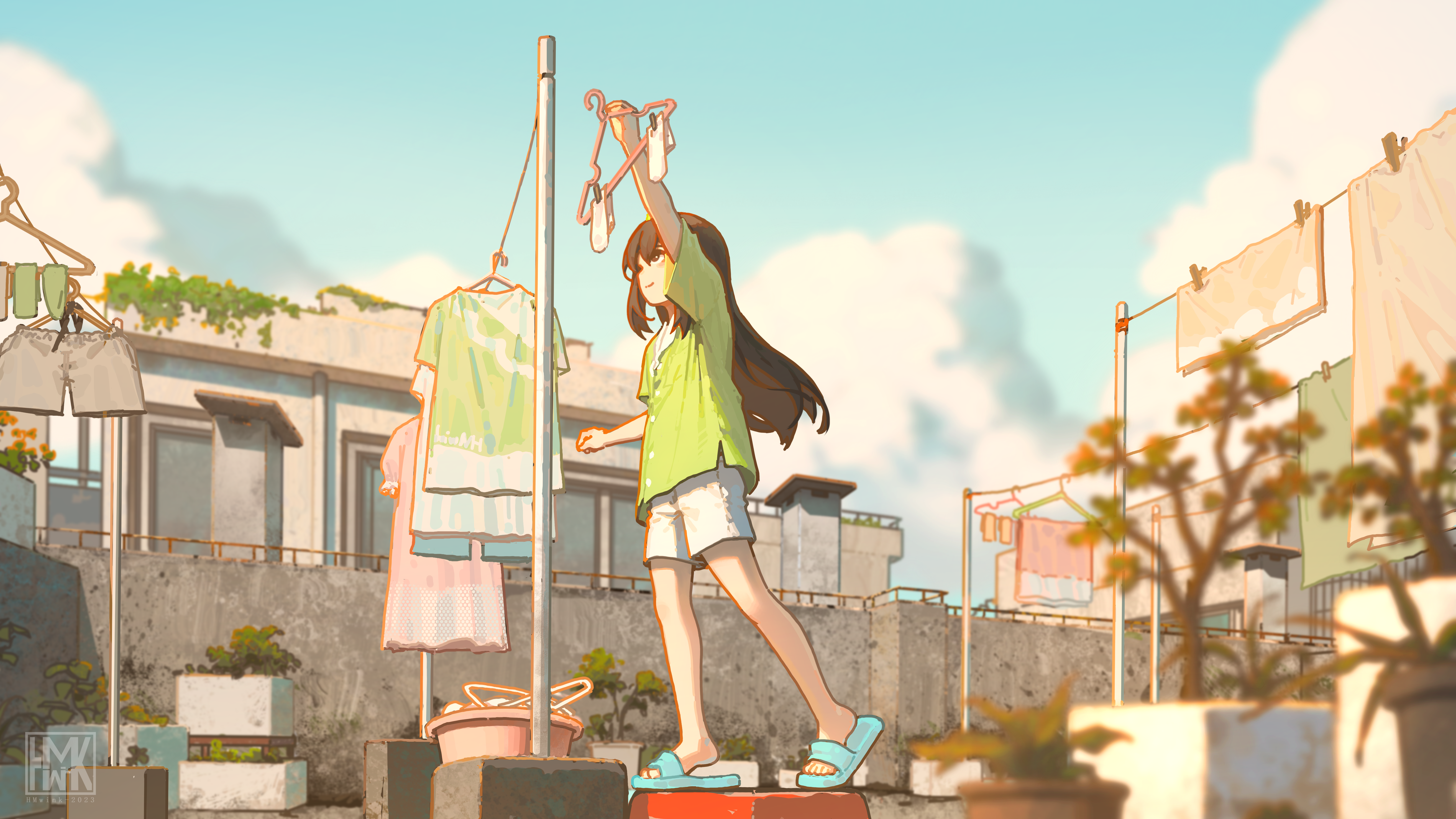 Anime 5255x2957 Yun Xi original characters one arm up laundry anime girls long hair sky clouds plants standing building watermarked clothes Hua Ming wink