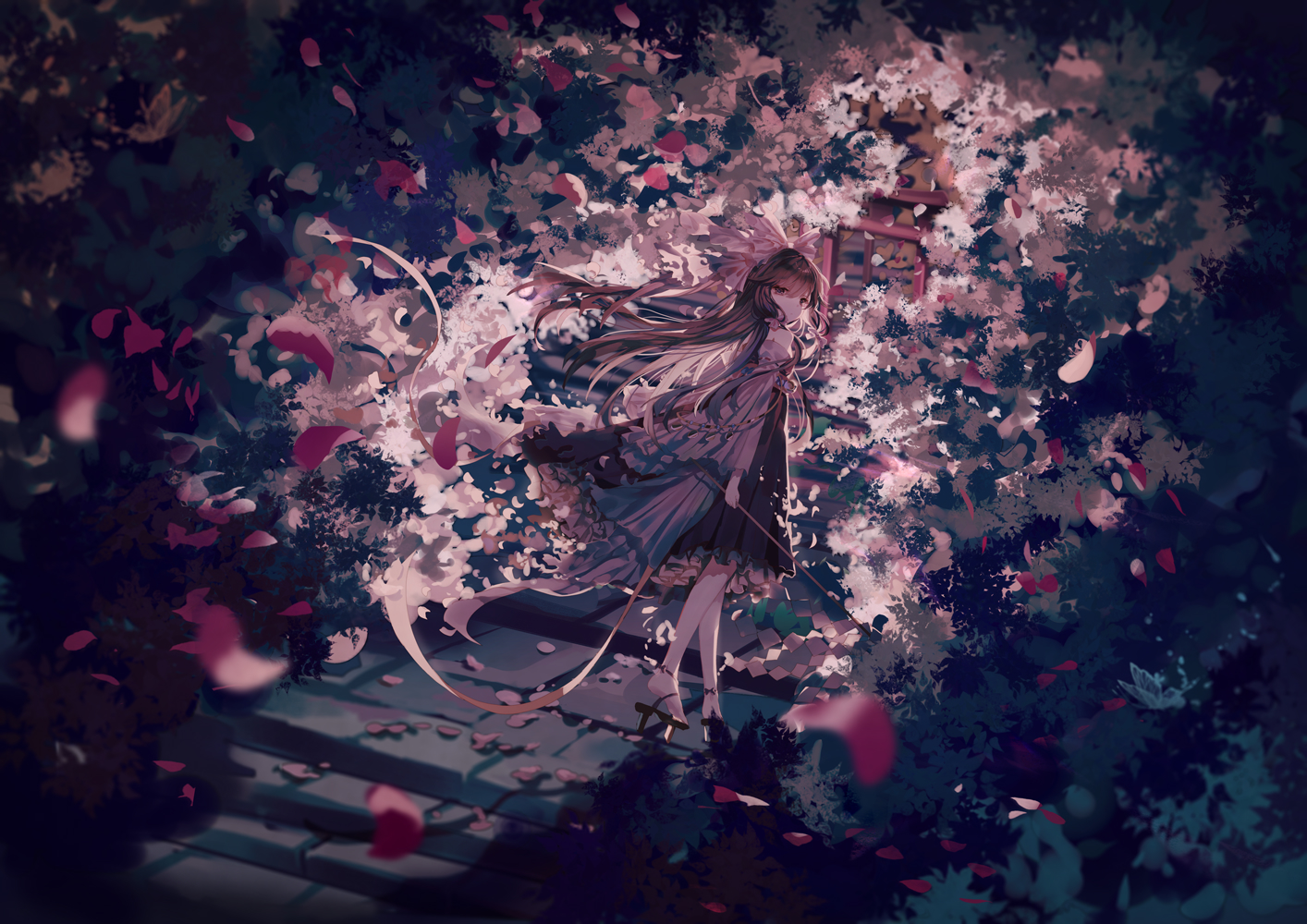 Anime 1414x1000 anime anime girls standing stairs torii petals dress looking back long hair looking at viewer heels