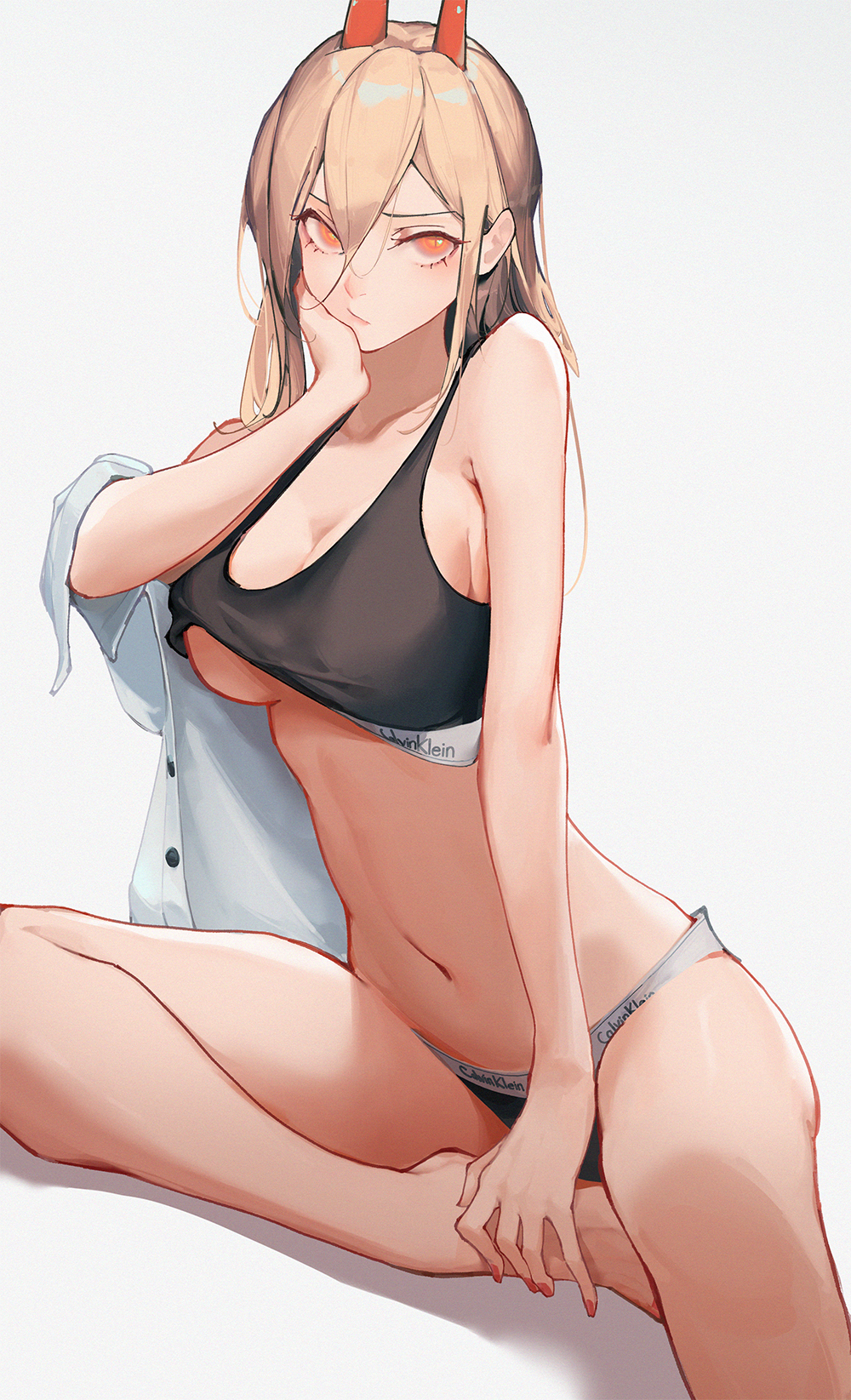 Anime 1000x1645 eyyy women long hair boobs Power (Chainsaw Man) Chainsaw Man horns anime girls underwear simple background white background minimalism blonde looking at viewer sideboob underboob cleavage hand on face