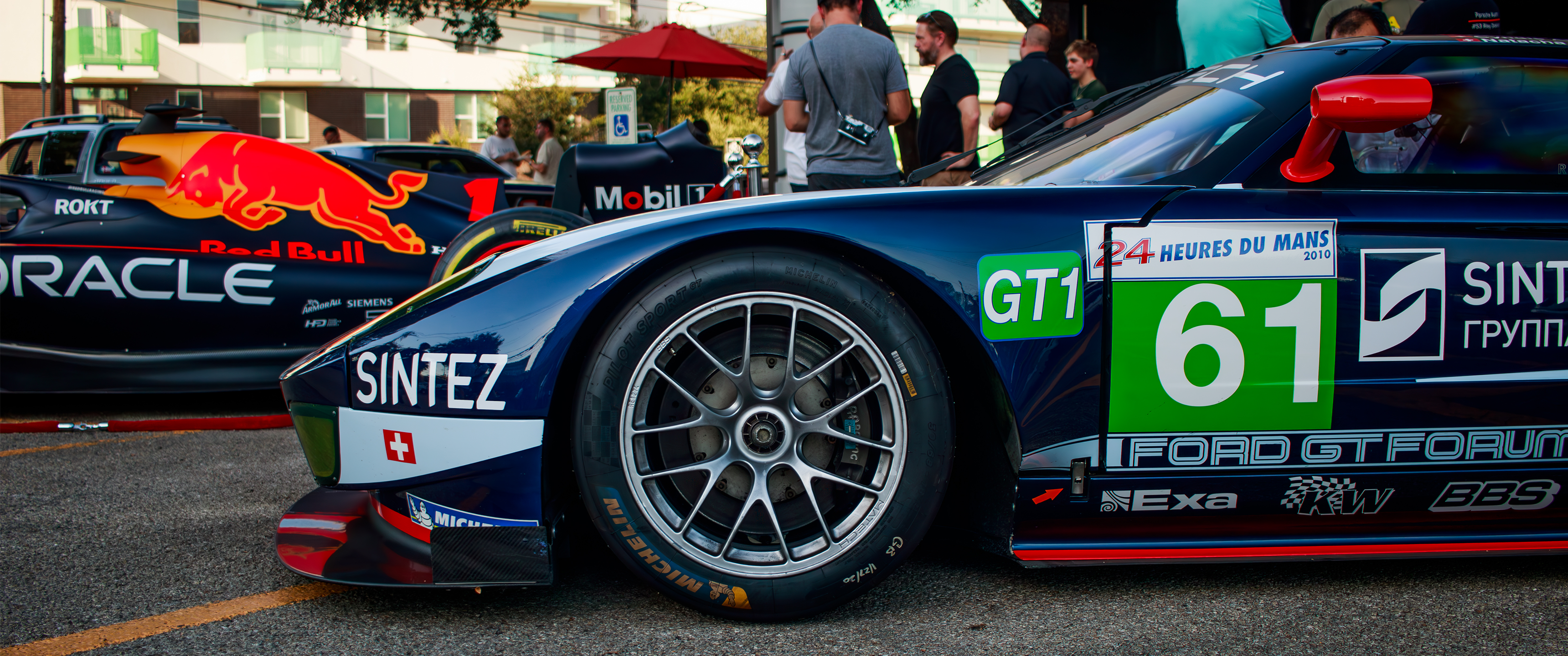 General 3440x1440 race cars Ford GT Ford Le Mans car side view people logo sports car American cars