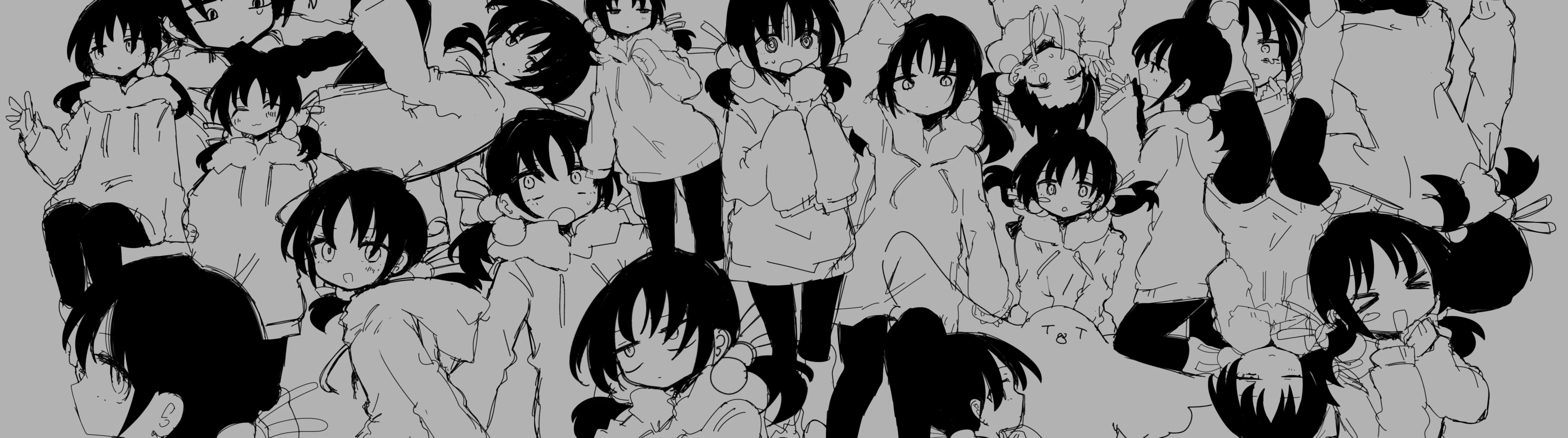 Anime 7724x2156 Kaai Yuki inabakumori nukunuku nigirimeshi Vocaloid Utau anime girls monochrome gray background