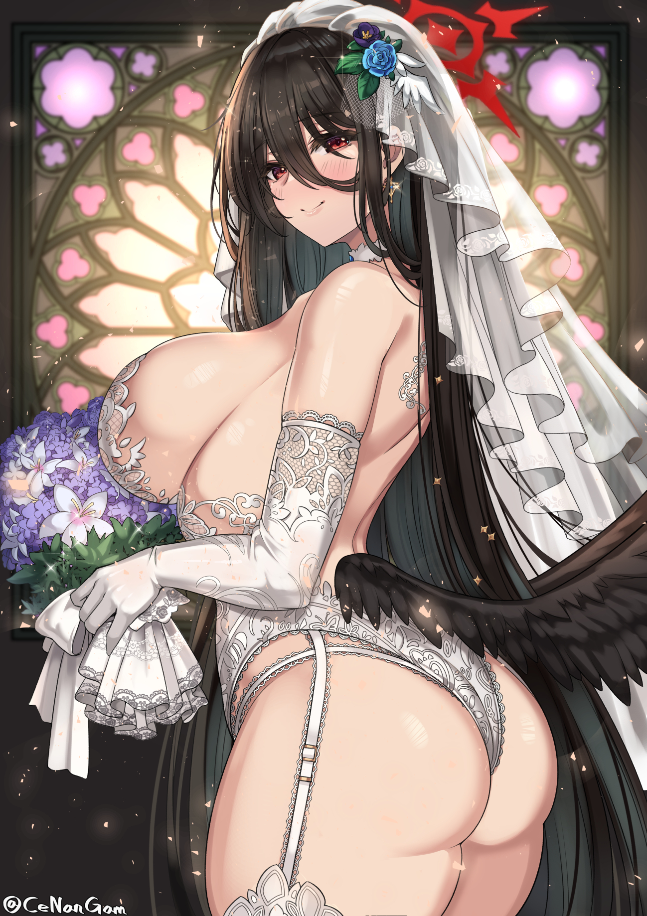 Anime 1298x1838 Cenangam wedding attire Blue Archive lingerie anime girls portrait display Hanekawa Hasumi (Blue Archive) looking at viewer veils looking back white gloves huge breasts sideboob elbow gloves leotard white lingerie gloves black hair red eyes smiling bridal veil lace lingerie blushing bridal lingerie bouquet flowers purple flowers white leotard garter straps bare shoulders earring long hair underwear thick ass stockings flower in hair lace wings black wings ass watermarked