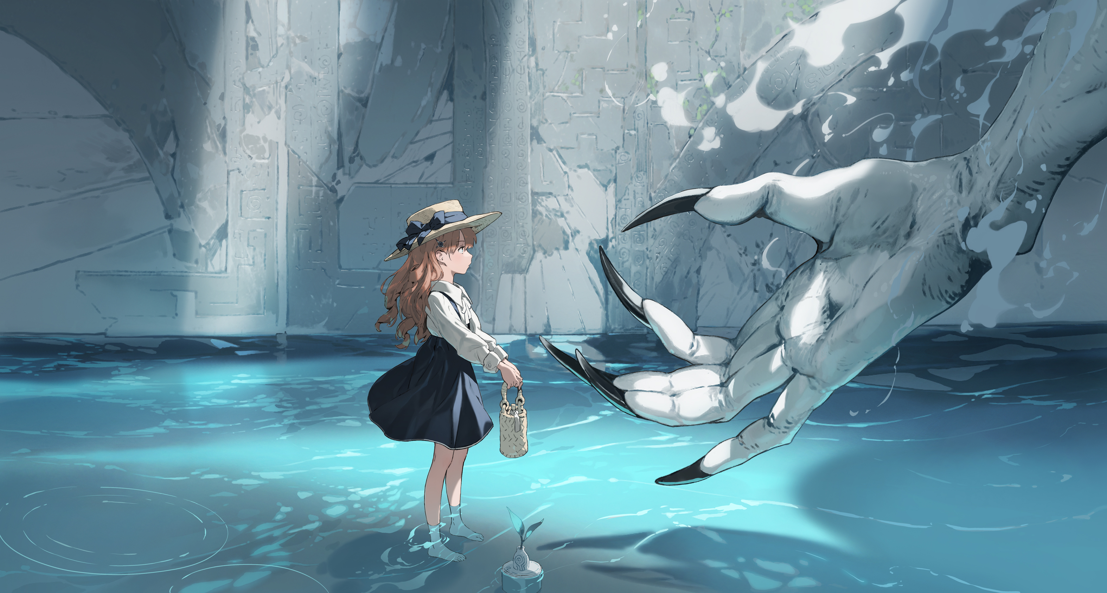 Anime 3735x2000 anime girls creature water standing in water sunlight long hair hat dress bow tie long nails leaves hands loli