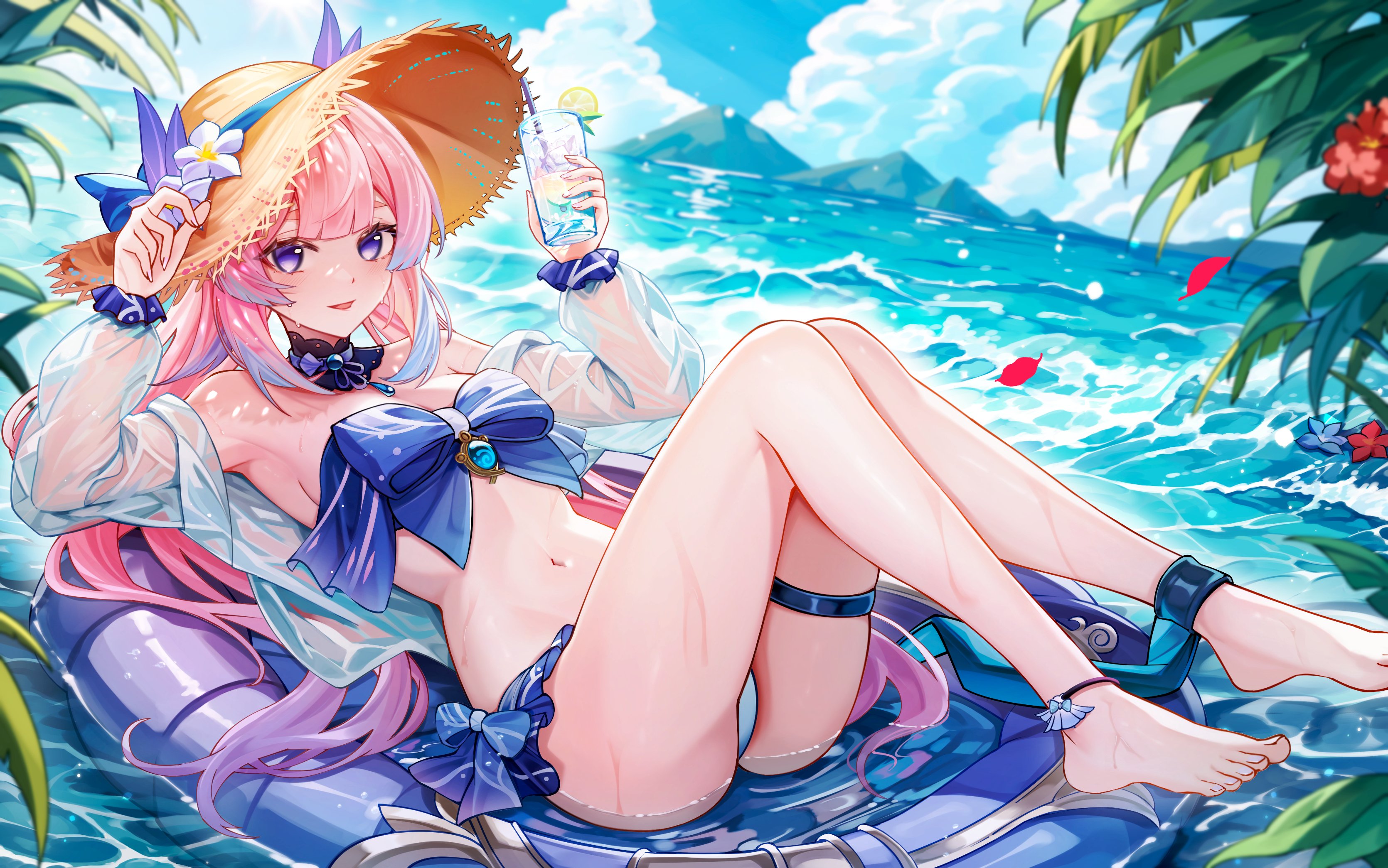 Anime 3340x2090 Genshin Impact swimwear anime girls lying on back lying down air mattress looking at viewer horizon Sangonomiya Kokomi (Genshin Impact) wet clothing wet body see-through clothing water pink hair gradient hair blue bikini thigh strap bare shoulders waves Chen Ying open mouth clouds straw hat blue bow cocktails sun hats belly button belly wet sky leaves drink sea armpits toes hat flowers petals feet