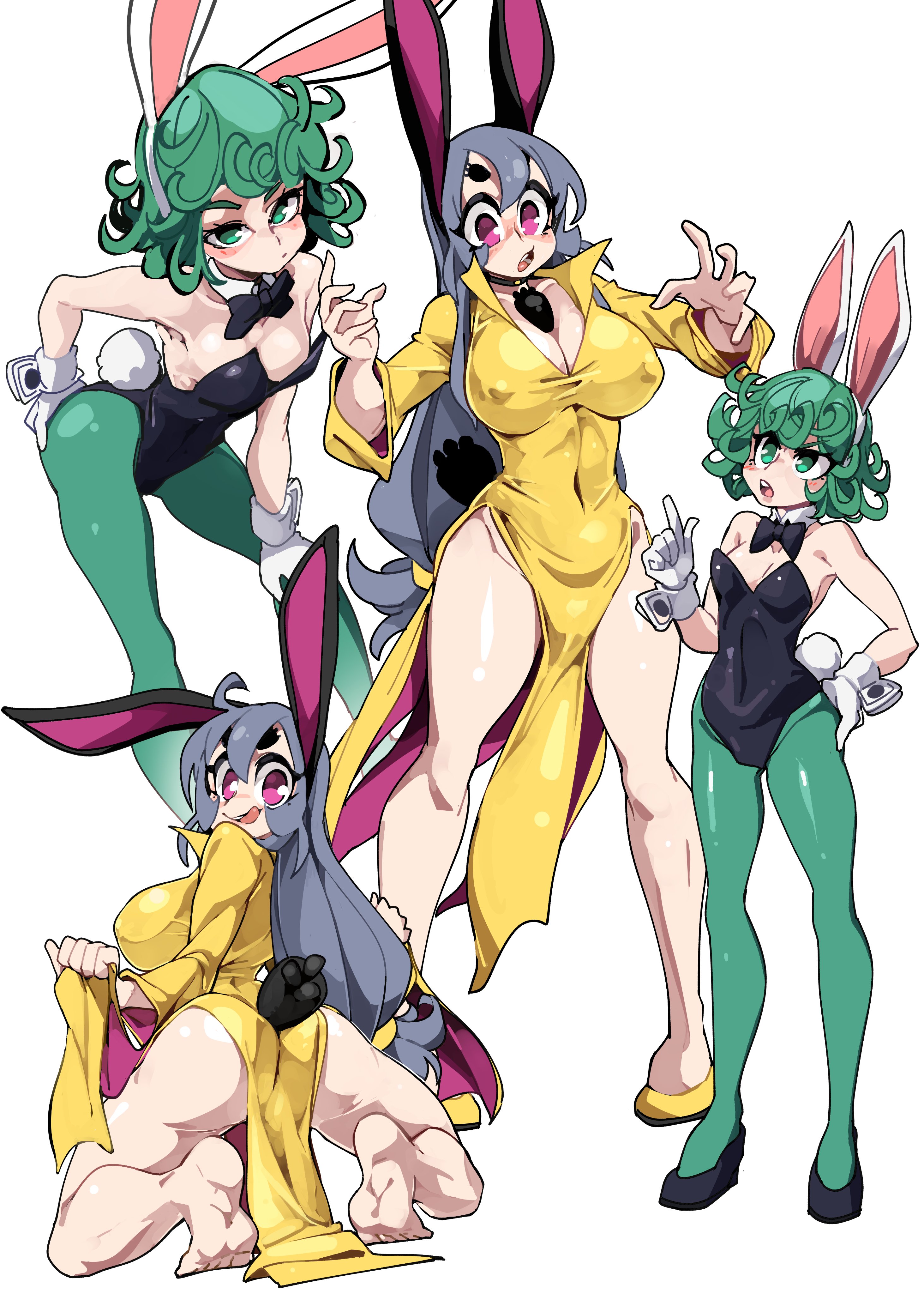 Anime 2926x4096 One-Punch Man bunny girl anime girls portrait display anime looking at viewer bunny suit Tatsumaki Tank (Bongfill) cleavage animal ears bunny ears bunny tail looking back looking up foot sole barefoot lifting clothes green pantyhose gloves yellow dress kneeling big boobs nipple bulge bow tie two women Bongfill green hair green eyes gray hair pink eyes open mouth hands on ass tongue out black leotard white gloves simple background feet ass white background minimalism thighs