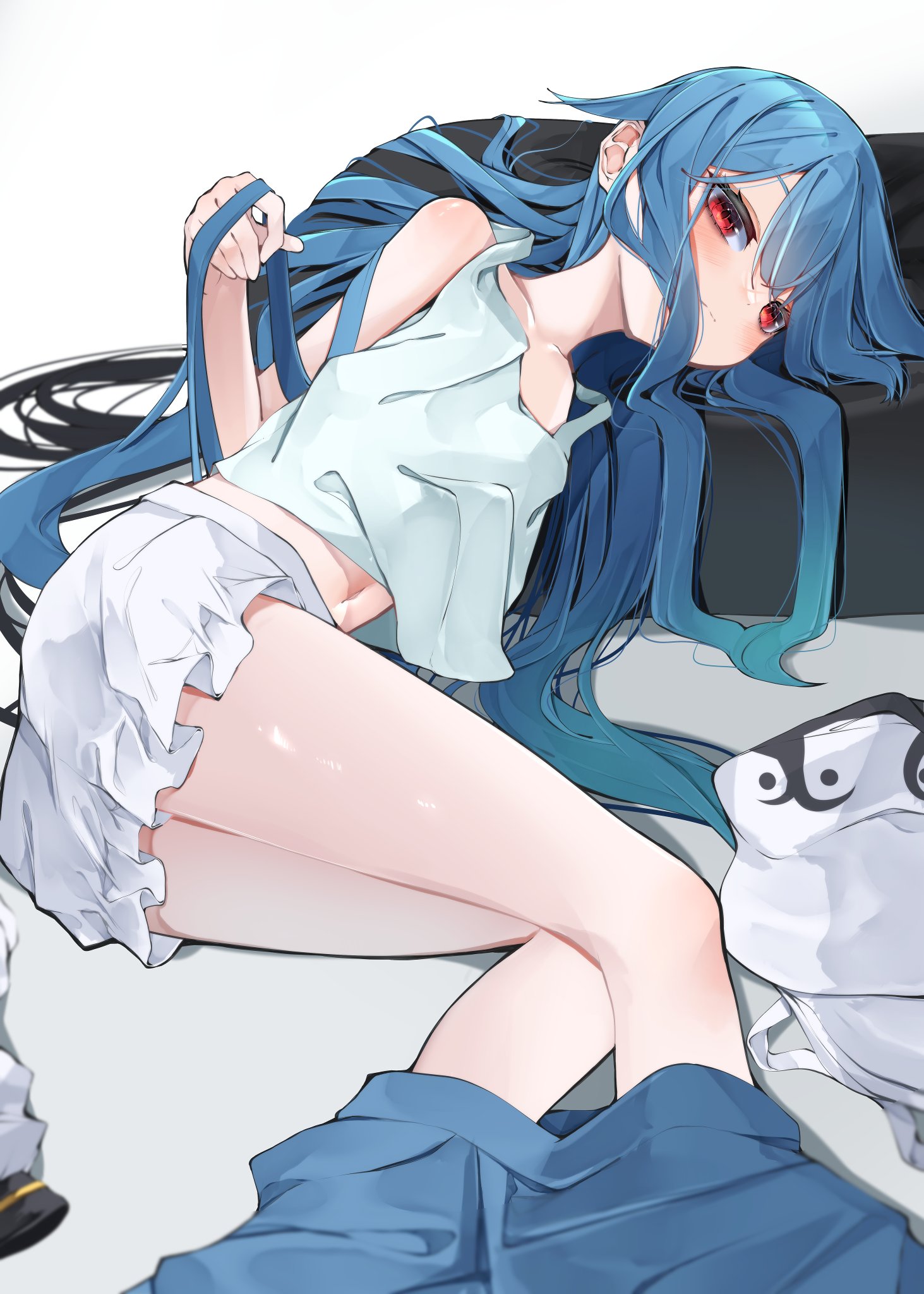 Anime 1463x2048 Lori Lovely Aina-chan blue hair red eyes short pants short sleeves Girl Band thighs lying on side lying down anime girls portrait display looking at viewer blushing long hair gradient hair
