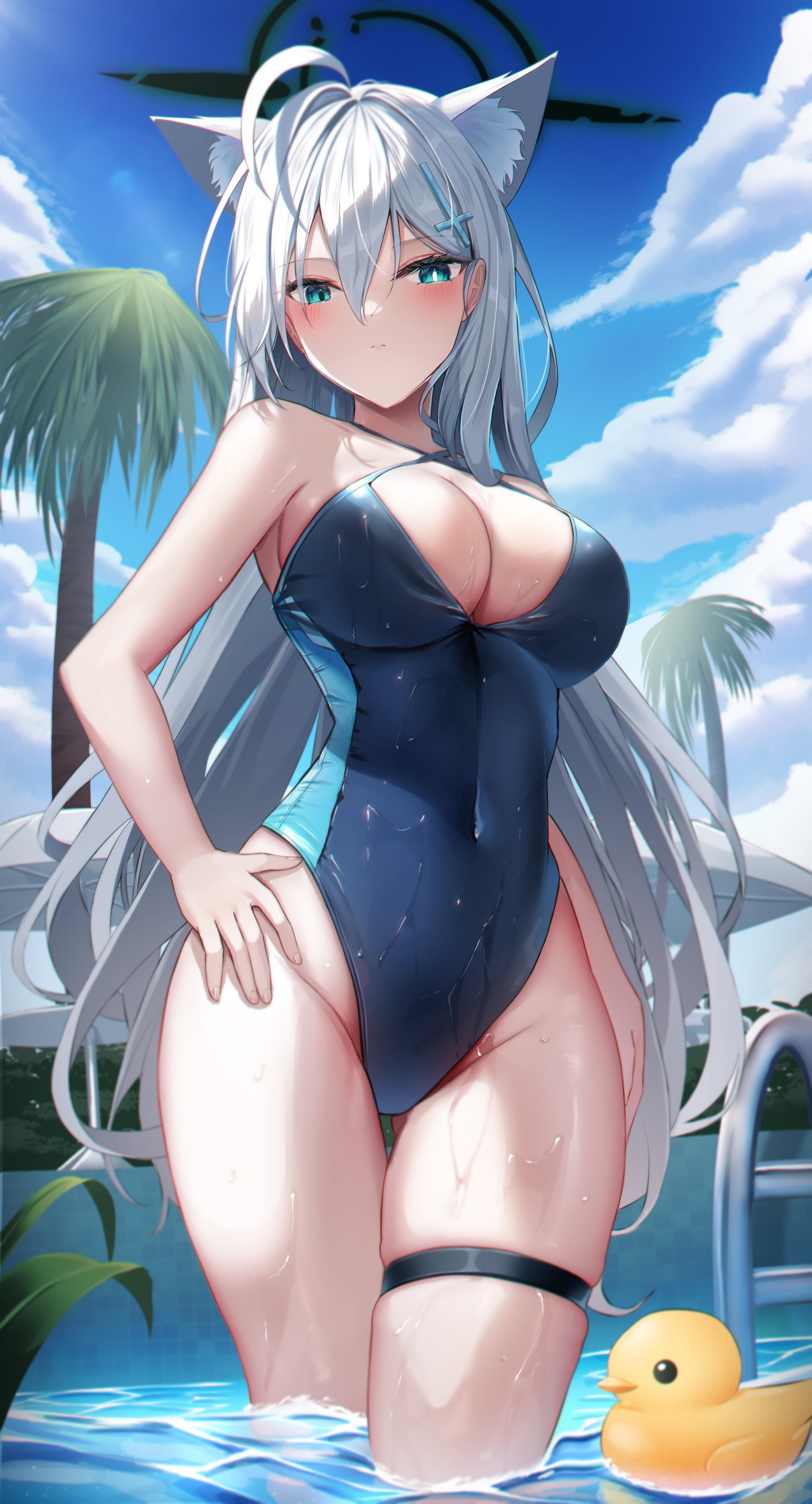 Anime 3511x6500 anime anime girls Blue Archive rubber ducks Shiroko (Blue Archive) long hair hands on hips one-piece swimsuit wet wet body animal ears swimming pool palm trees sky clouds portrait display blushing big boobs thighs standing in water water looking at viewer swimwear sunlight heterochromia leaves