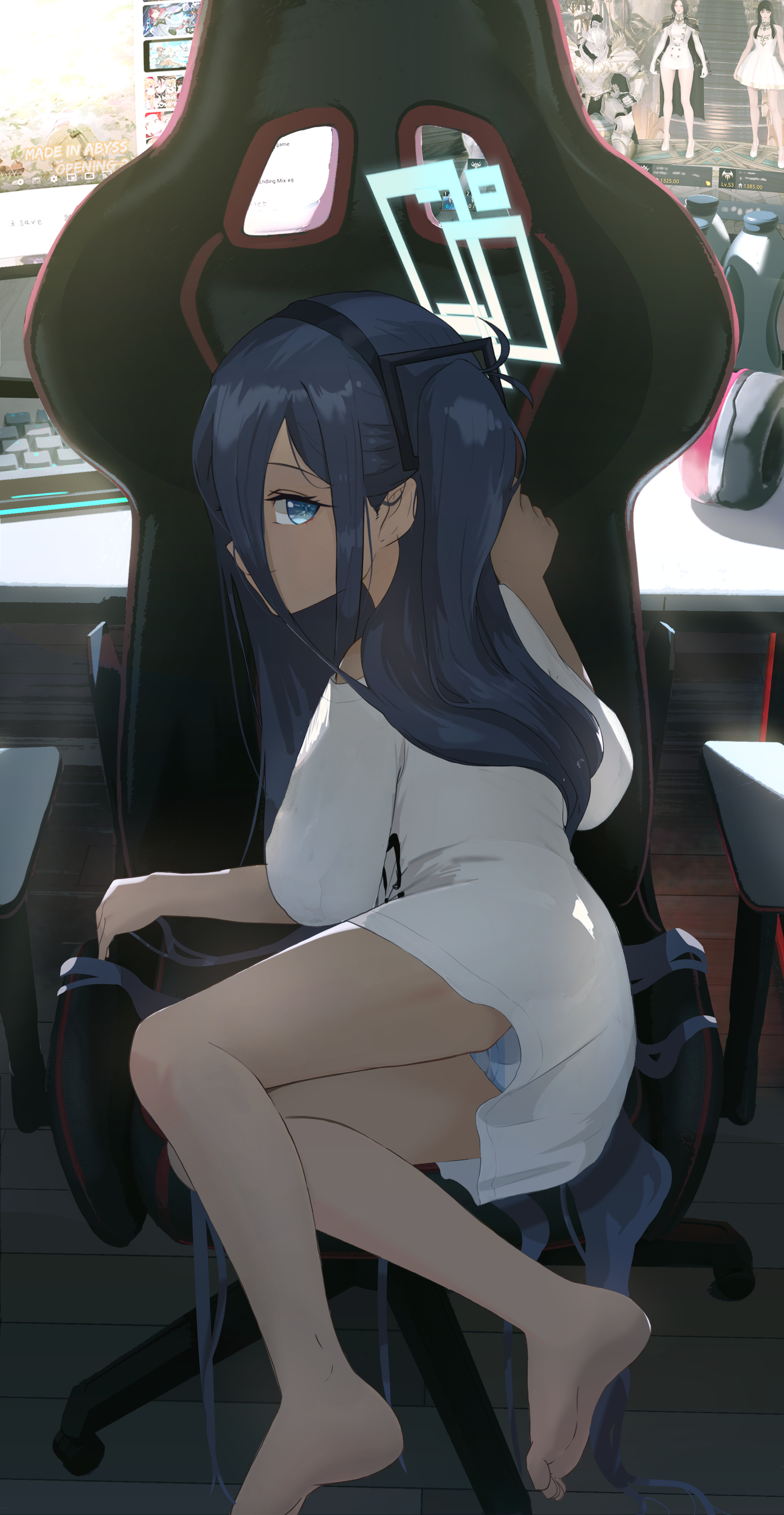 Anime 2071x4000 portrait display Blue Archive anime girls Tendou Alice blue eyes panties white shirt gaming chair long hair blue hair looking at viewer foot sole feet chair computer