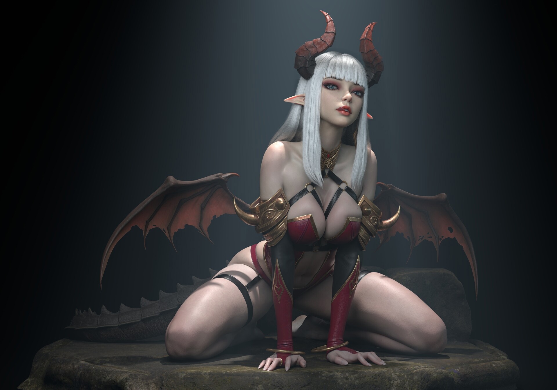 General 1920x1344 succubus demon horns demon girls wings fantasy art women white hair hips kneeling fantasy girl cleavage armor tongue out CGI simple background big boobs looking at viewer pointy ears horns long hair bracelets