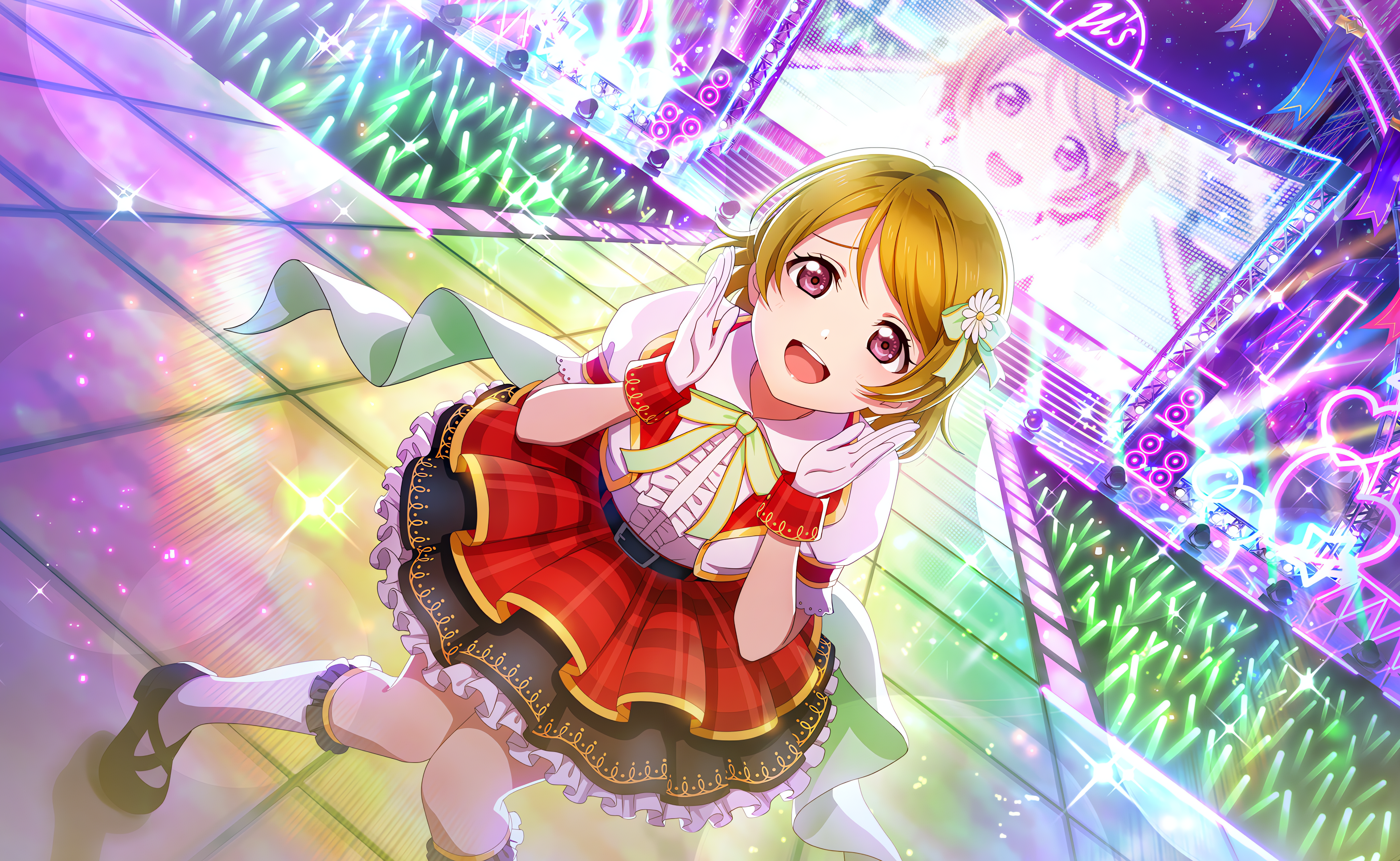 Anime 4096x2520 Koizumi Hanayo Love Live! anime anime girls stages stage light short hair open mouth bow tie dress looking at viewer stars gloves